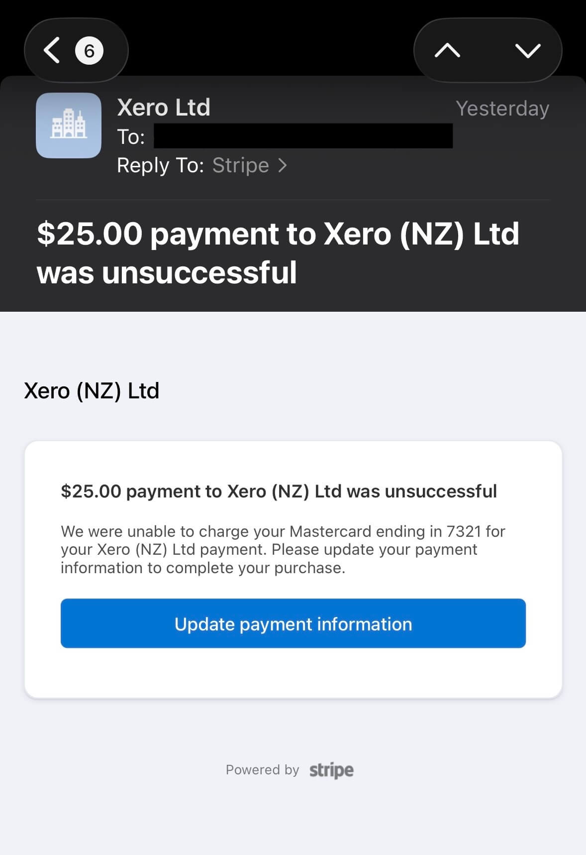 Screenshot of a suspicious payment email claiming a Xero payment was unsuccessful and asking the recipient to update payment information.