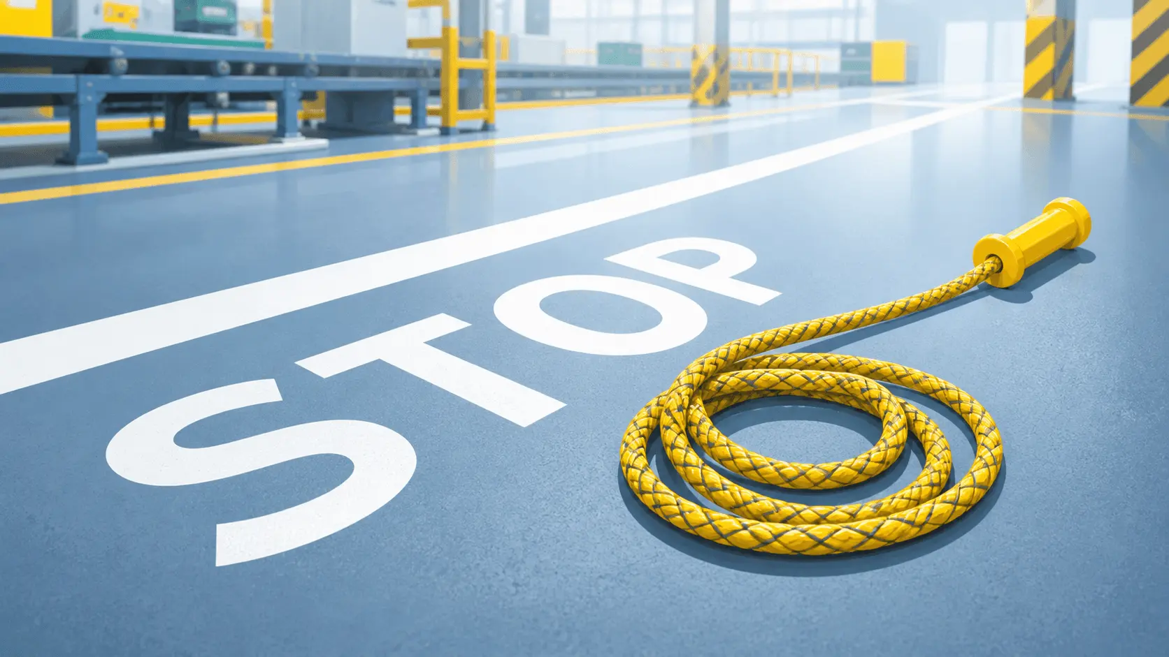 Original illustration of a yellow Andon-style safety cord on a bright factory floor beside a large STOP marking.