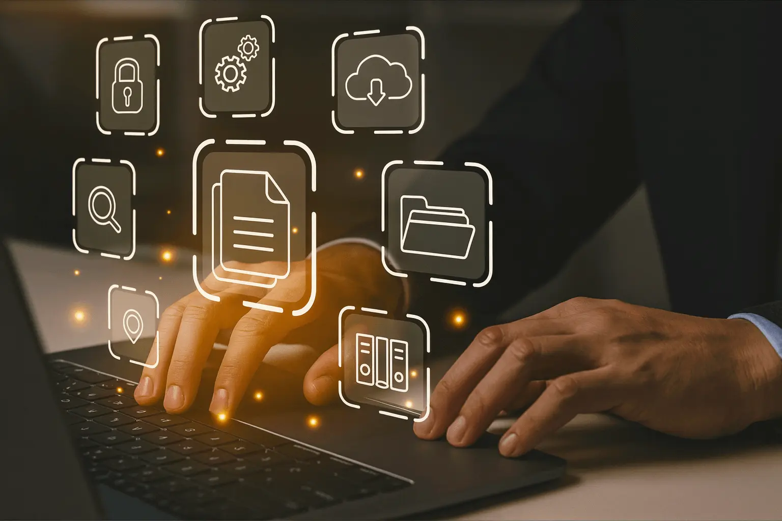 Concept image representing Receipt-AI: hands typing on a laptop with glowing digital icons for documents, folders, and cloud storage, symbolizing AI-powered receipt processing, automation, and secure financial data management.