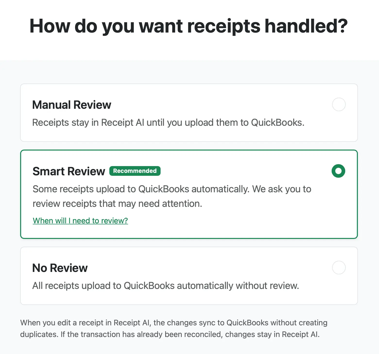 Receipt AI review mode settings showing Manual Review, Smart Review, and No Review, with Smart Review selected.