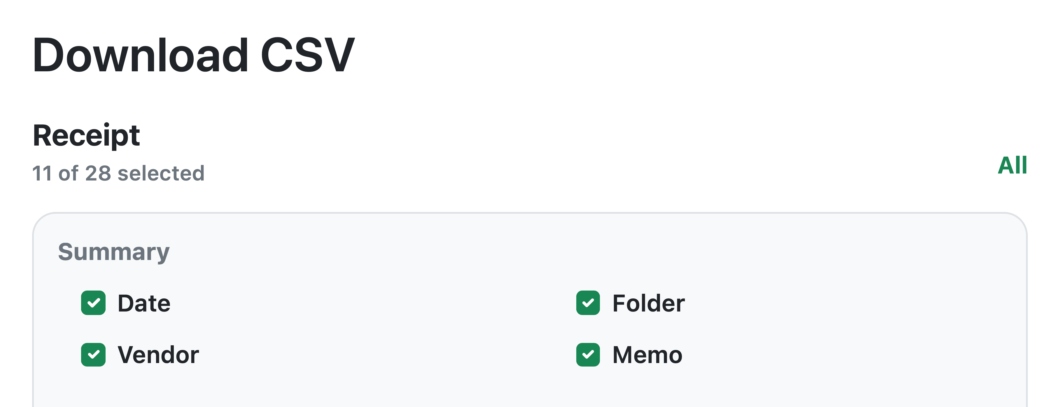 Receipt AI Download CSV window showing selected receipt fields including Date, Vendor, Folder, and Memo, with the All option for selecting every field in the Receipt section.