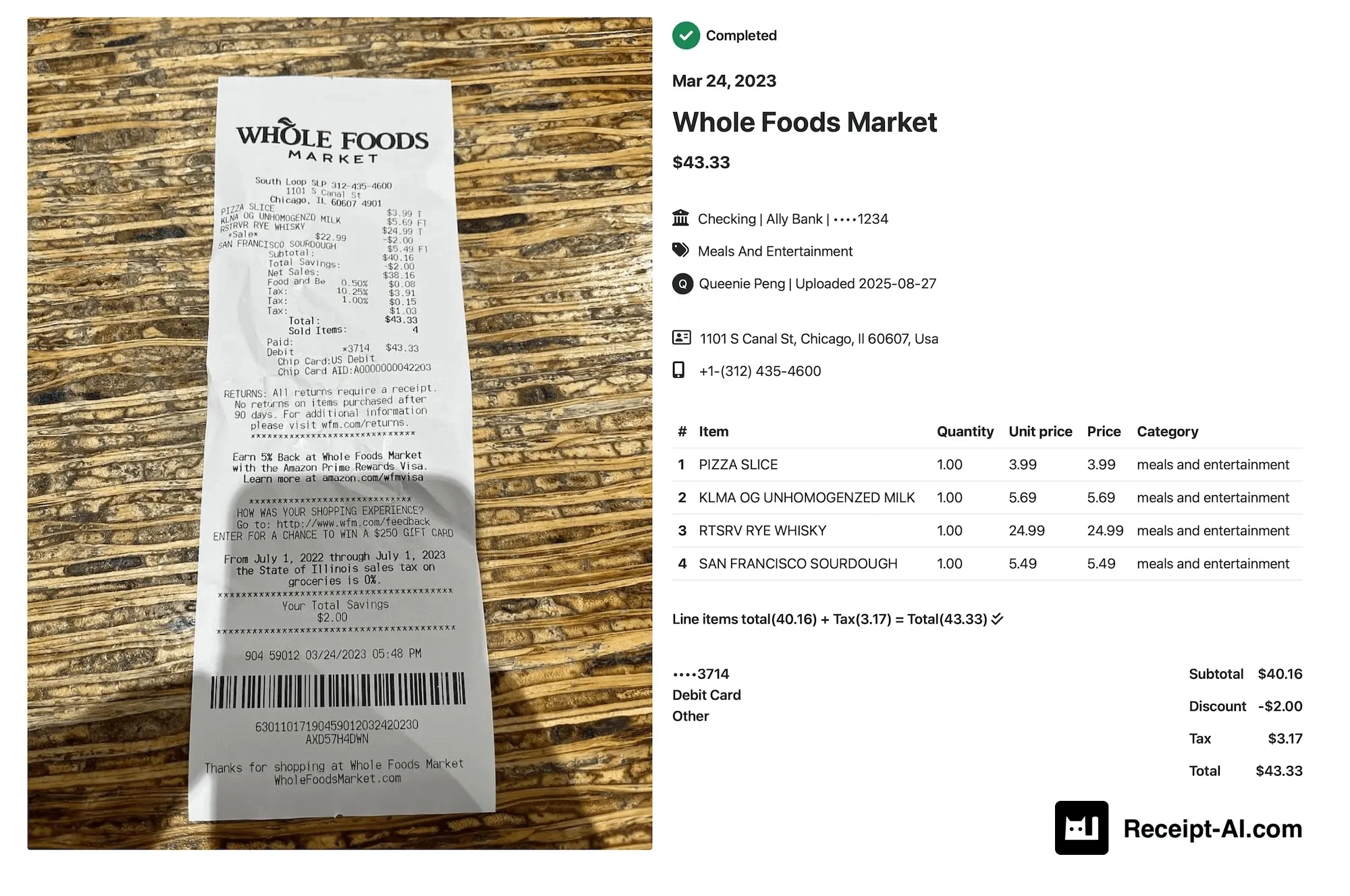 Receipt from Whole Foods Market dated March 24, 2023 for $43.33. Items purchased: Pizza Slice ($3.99), Unhomogenized Milk ($5.69), RTSRV Rye Whisky ($24.99), and San Francisco Sourdough Bread ($5.49). The payment was made with a debit card ending in 3714, issued by Ally Bank. Receipt-AI extracted merchant name, date, total, line items, card details, bank name, and categorized the purchase under Meals and Entertainment.