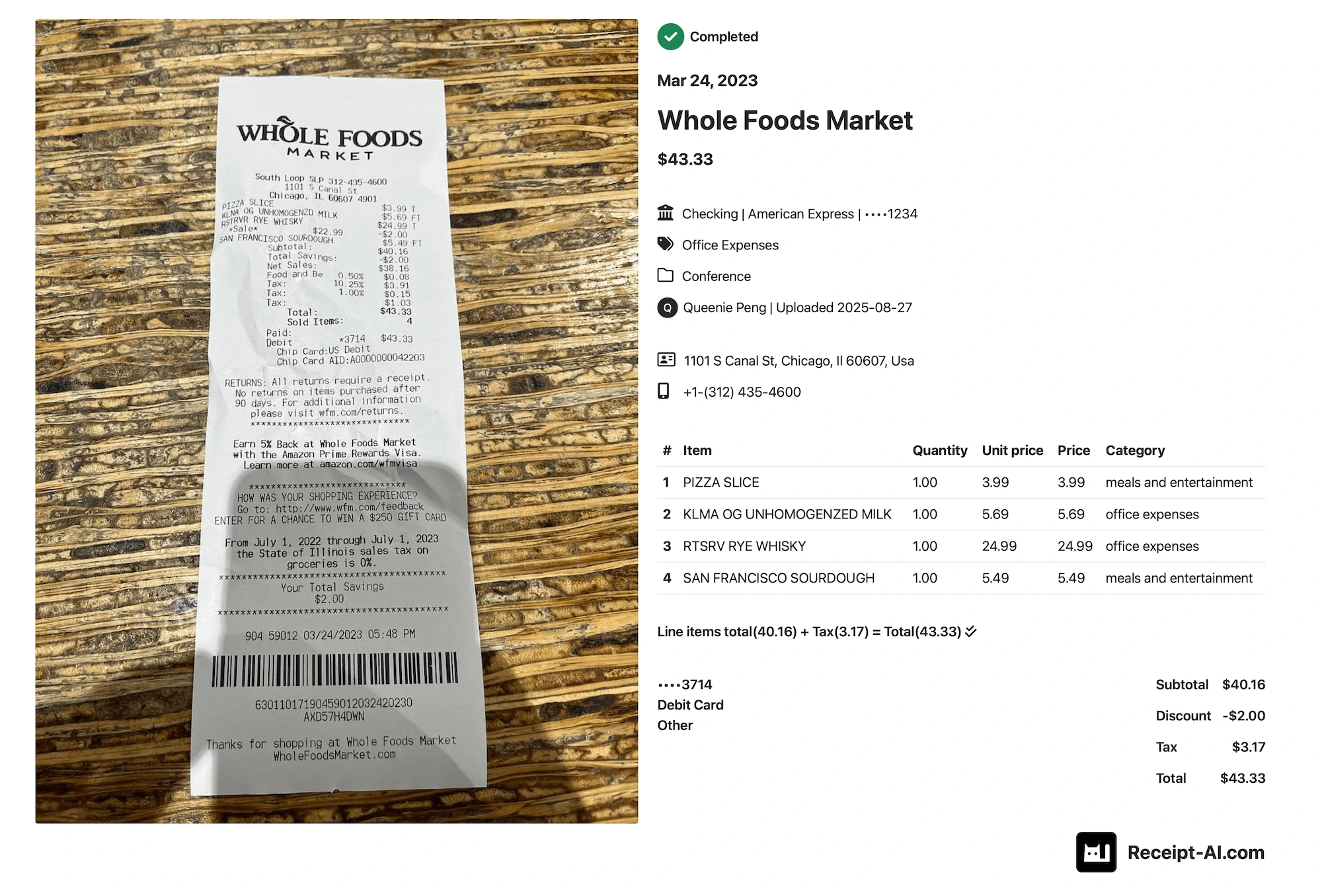 Receipt from Whole Foods Market dated March 24, 2023 for $43.33. Items purchased: Pizza Slice ($3.99), Unhomogenized Milk ($5.69), RTSRV Rye Whisky ($24.99), and San Francisco Sourdough Bread ($5.49). The payment was made with a debit card ending in 3714, issued by Ally Bank. Receipt-AI extracted merchant name, date, total, line items, card details, bank name, and categorized the purchase under Meals and Entertainment.