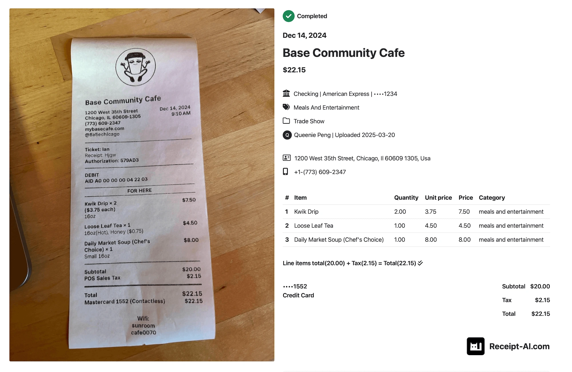 Receipt from Base Community Cafe in Chicago dated September 21, 2024 for $20.49. Items purchased: two Kwik Drip coffees ($3.75 each, $7.50 total), one Fresh Croissant ($4.00), and one Base Breakfast Bagel with bacon, egg, and cheese ($7.00). Subtotal $18.50, sales tax $1.99, total $20.49. Payment was made with a Mastercard debit card ending in 1552 via contactless. Receipt-AI extracted merchant name, date, line items, totals, card details, and categorized the purchase under Meals and Entertainment. The receipt was automatically synced with Xero for accounting.