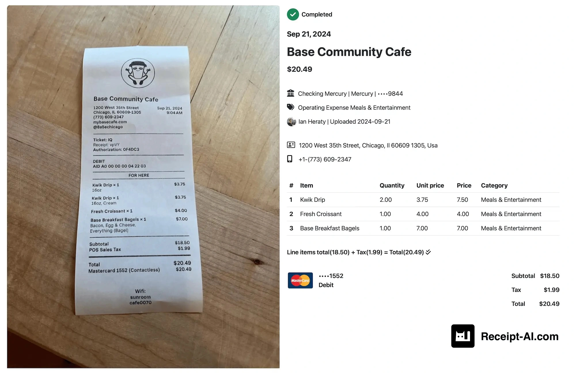 Receipt from Base Community Cafe in Chicago dated September 21, 2024 for $20.49. Items purchased: two Kwik Drip coffees ($3.75 each, $7.50 total), one Fresh Croissant ($4.00), and one Base Breakfast Bagel with bacon, egg, and cheese ($7.00). Subtotal $18.50, sales tax $1.99, total $20.49. Payment was made with a Mastercard debit card ending in 1552 via contactless. Receipt-AI extracted merchant name, date, line items, totals, card details, and categorized the purchase under Meals and Entertainment. The receipt was automatically synced with Xero for accounting.