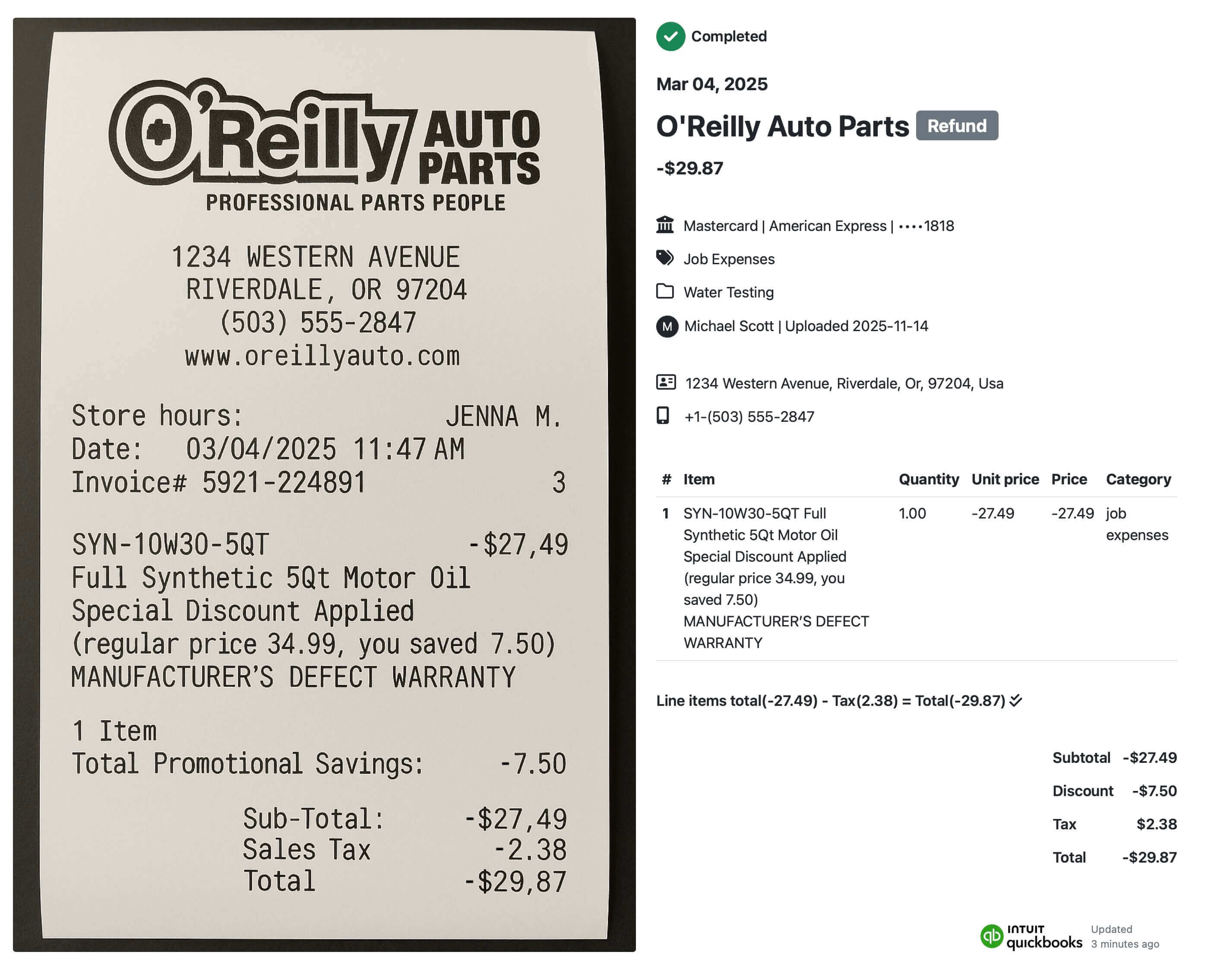Receipt-AI.com: Side-by-side view showing an O’Reilly Auto Parts refund receipt and the Receipt-AI digital extraction summary. The paper receipt on the left displays a March 4, 2025 return for SYN-10W30-5QT full synthetic motor oil with a subtotal of –$27.49, sales tax reversal of –$2.38, and a total refund of –$29.87. On the right, the Receipt-AI interface shows the refund marked Completed, vendor ‘O’Reilly Auto Parts,’ negative amount –$29.87, itemized line details, category set to Job Expenses, payment method detected as Mastercard or American Express, uploader Michael Scott, and store address and phone number. The interface confirms the line-item total and tax calculation, making the refund audit-ready for QuickBooks.