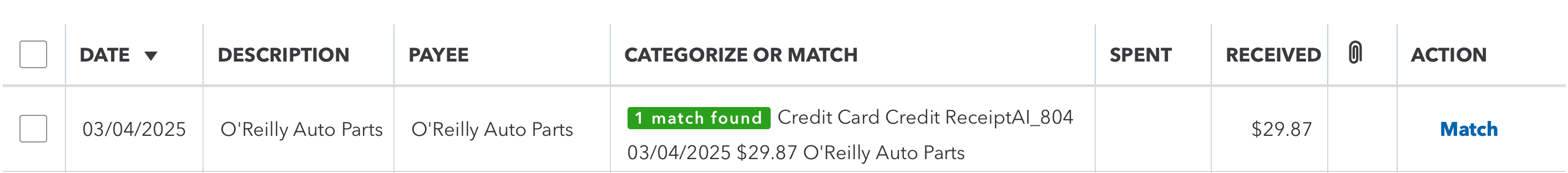 QuickBooks automatic refund match: Screenshot of the QuickBooks Online banking feed showing an incoming refund transaction from O’Reilly Auto Parts dated March 4, 2025. QuickBooks displays a green ‘1 match found’ indicator, automatically matching the bank feed entry to a Credit Card Credit created by Receipt AI. The row shows the vendor name, refund amount of $29.87 in the Received column, and a blue ‘Match’ action button, confirming the refund is ready for one-click reconciliation.