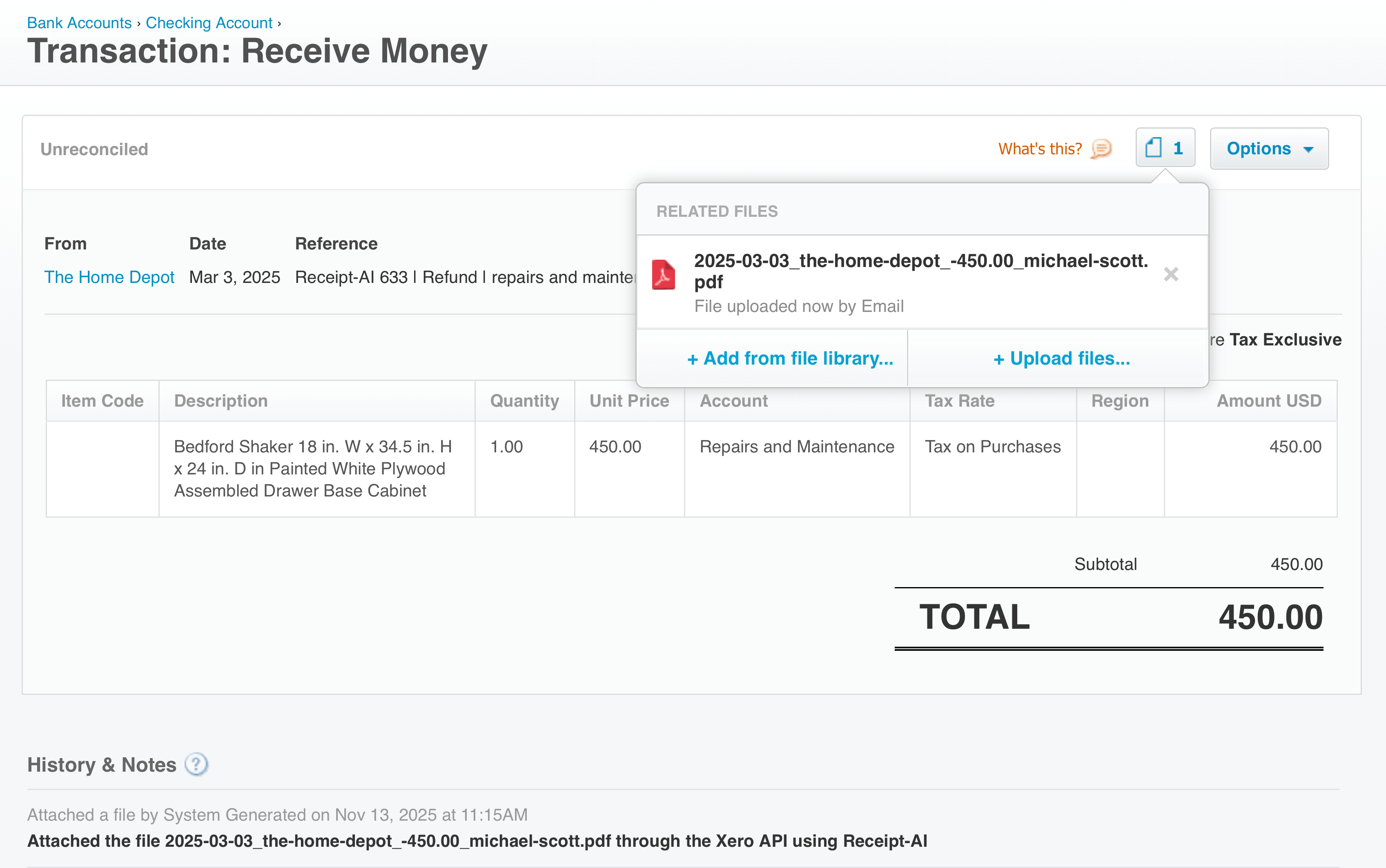 Screenshot of a Home Depot refund recorded in Xero as a Receive Money transaction created automatically by Receipt-AI. The screen shows the refunded Bedford Shaker drawer base cabinet item listed at $450, mapped to the Repairs and Maintenance account, with tax set to zero. A refund PDF is attached under Related Files, confirming that Receipt-AI uploaded the documentation through the Xero API for audit-ready recordkeeping.