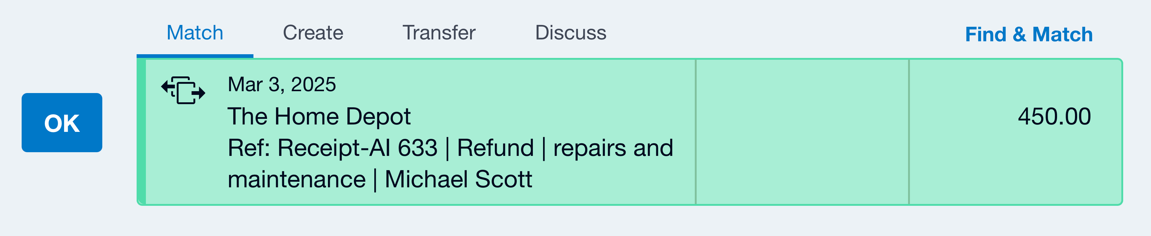 Receipt-AI.com: Screenshot of Xero’s bank feed automatically matching a Home Depot refund created by Receipt-AI. The match screen shows a Receive Money transaction with reference Receipt-AI 633, category Repairs and Maintenance, and a $450.00 refund amount. A green match indicator appears beside the incoming bank transaction, showing the user can reconcile the Home Depot refund with a single click using the OK button.