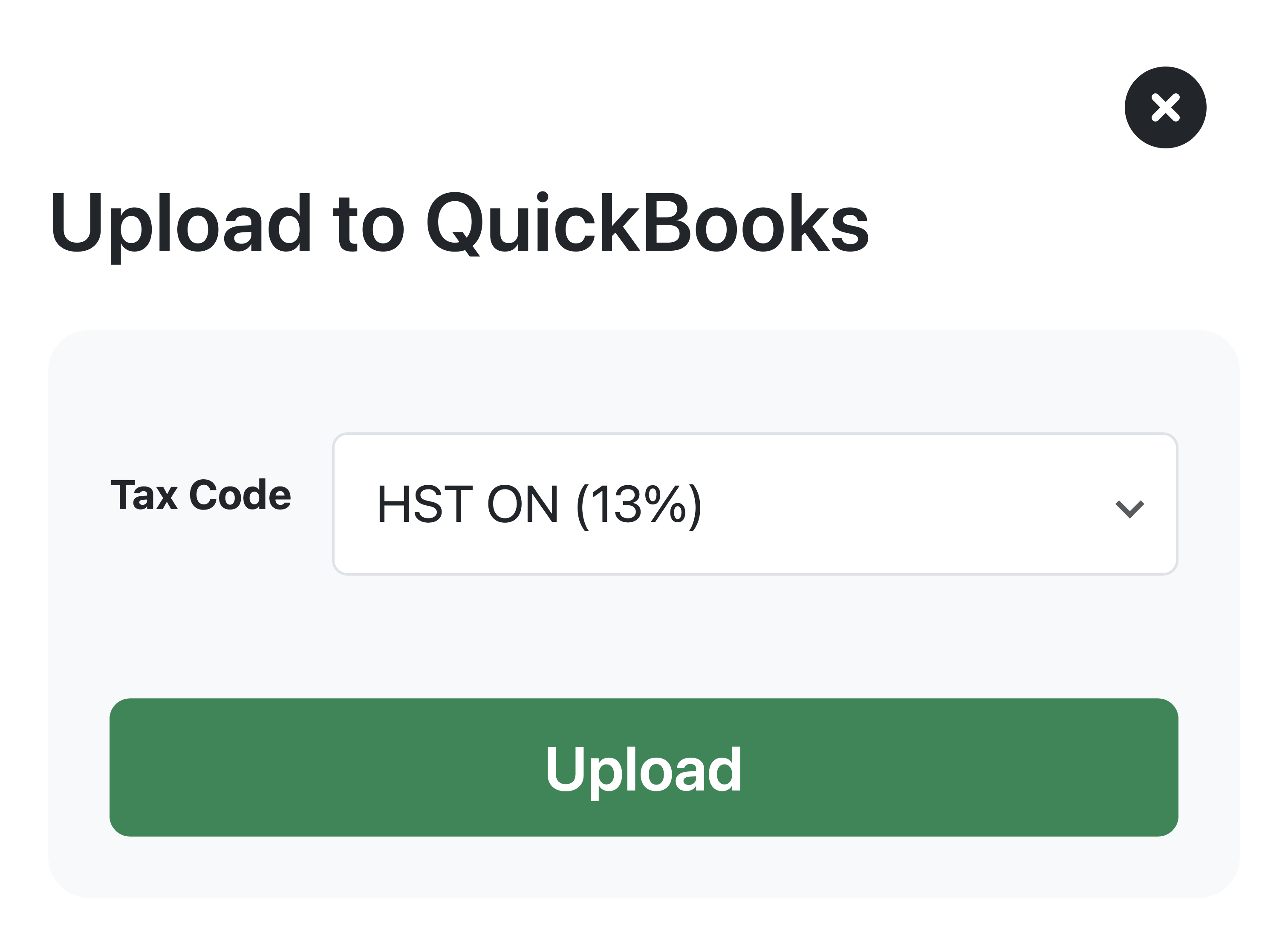 Receipt AI Upload to QuickBooks screen showing the Tax Code field set to HST ON 13 percent before syncing.