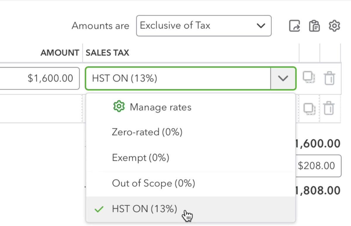 QuickBooks Online sales tax dropdown showing HST ON 13 percent selected, with Zero-rated, Exempt, and Out of Scope tax code options.