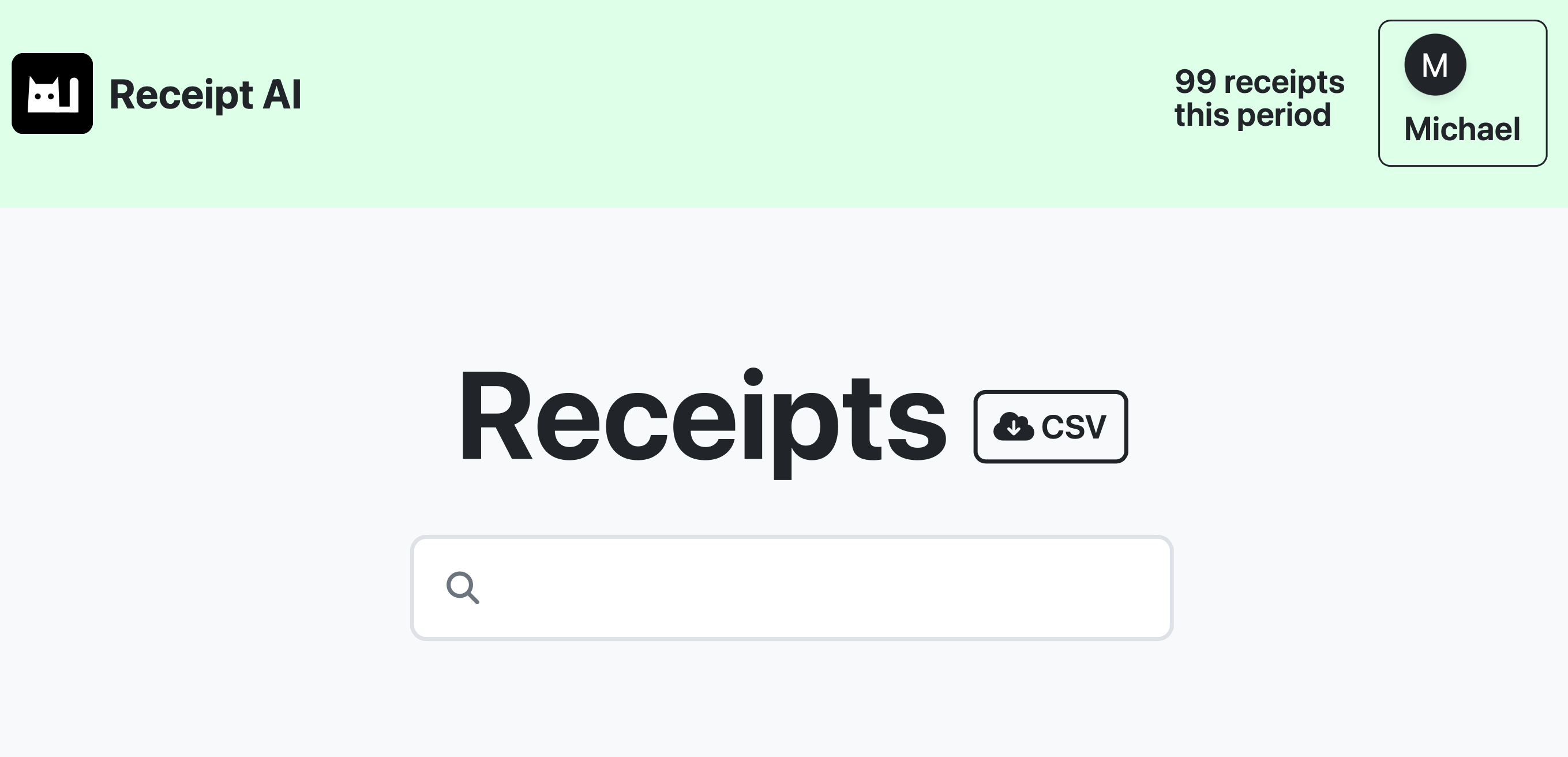 Screenshot of the Receipt AI Receipts page showing the CSV download button. The top navigation includes the Receipt AI logo, a summary displaying '99 receipts this period', and a user avatar labeled Michael. Below it, the main heading 'Receipts' appears alongside a CSV download button with a download icon. A search bar is displayed underneath for filtering receipts.