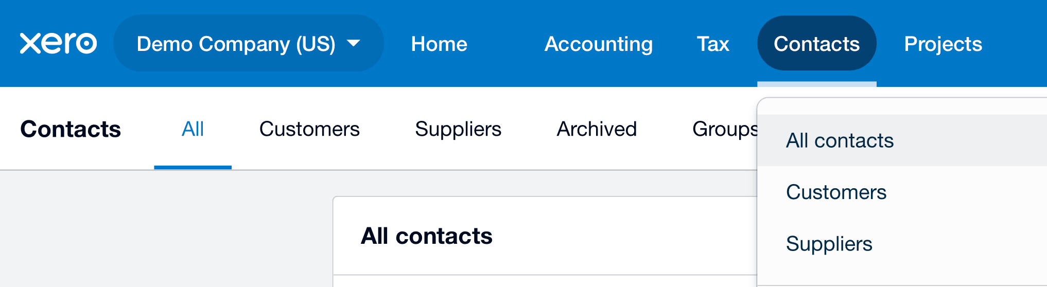 Xero dashboard showing navigation to Contacts and All Contacts page