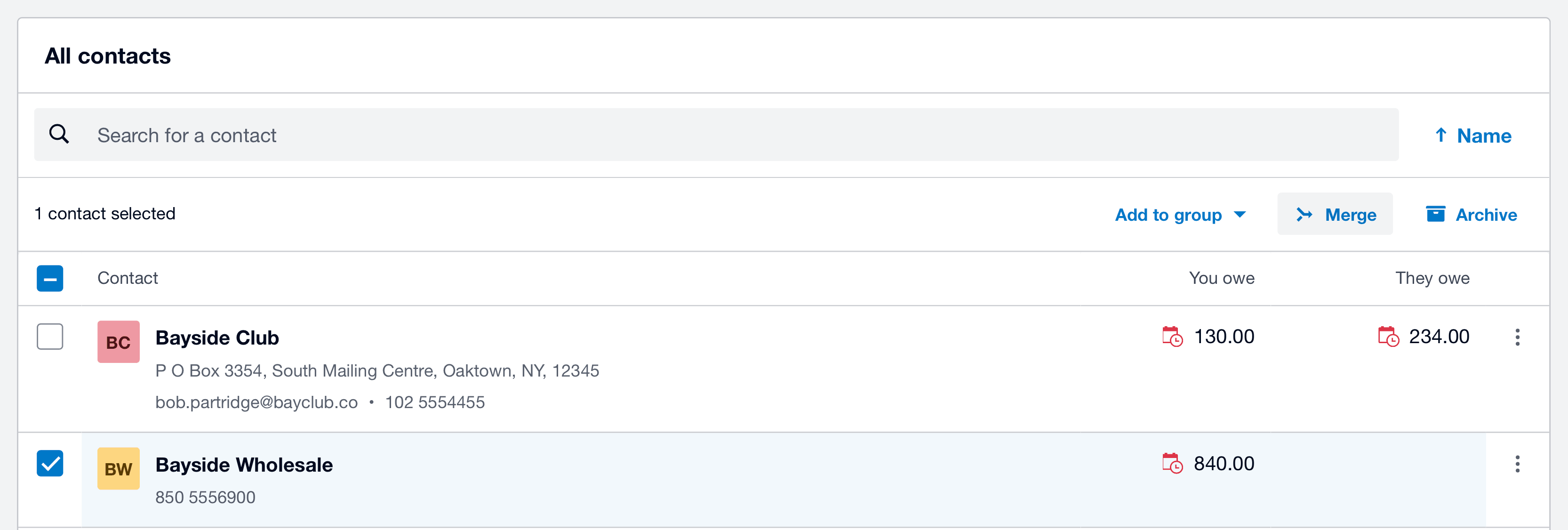 Xero contacts list showing duplicate contacts with merge option selected