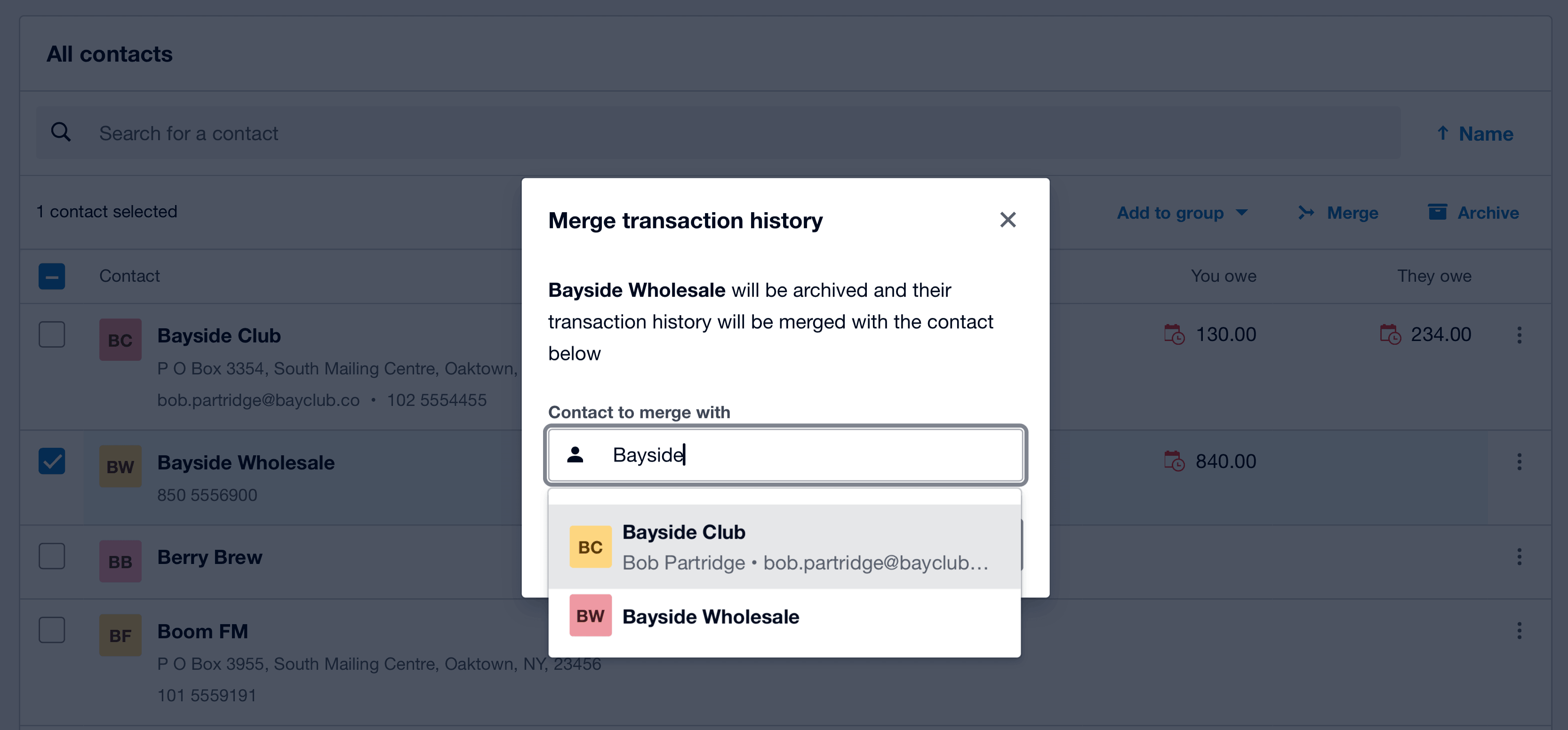 Xero merge contacts dialog showing Bayside Wholesale being merged into Bayside Club