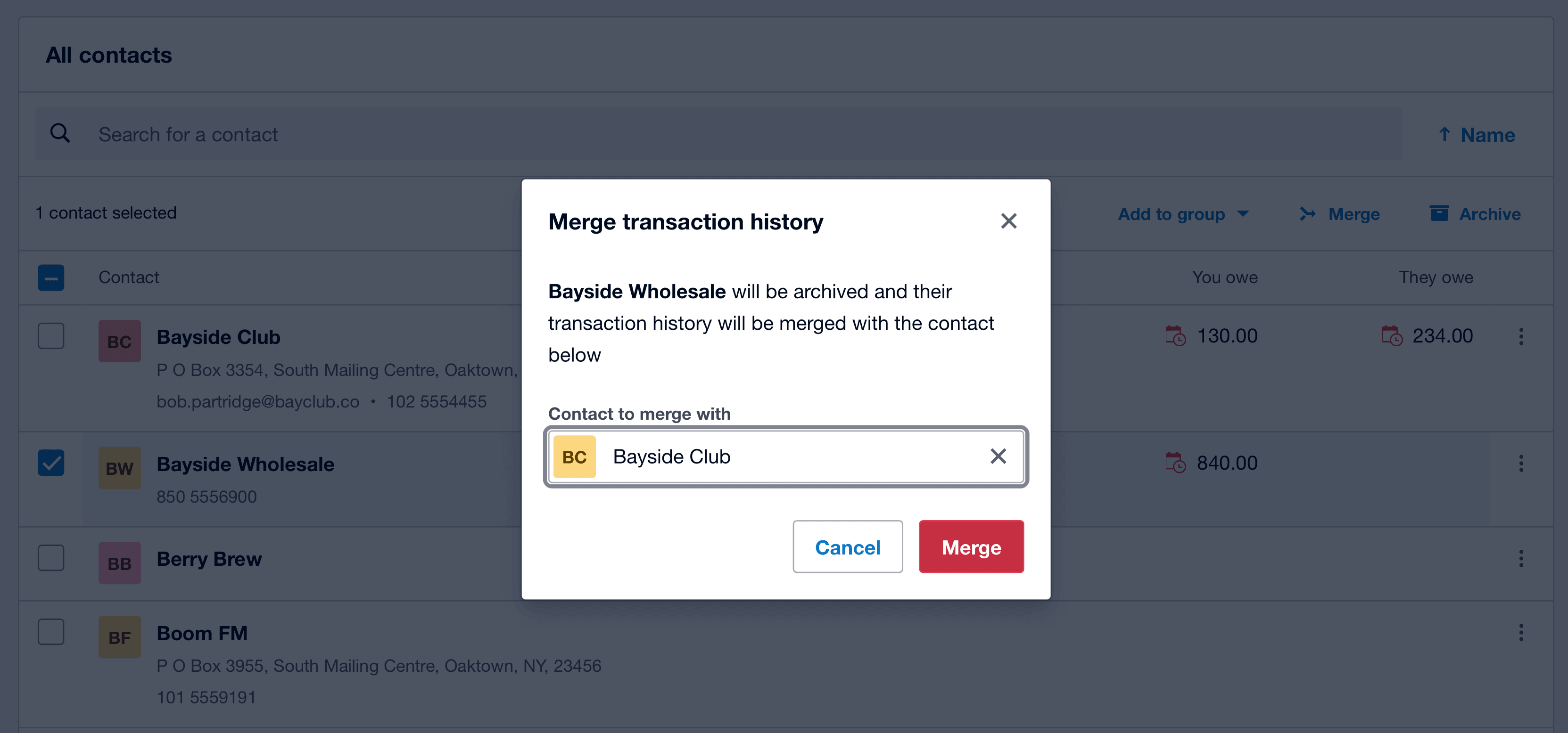 Xero merge confirmation dialog showing Bayside Wholesale merging into Bayside Club with Merge button highlighted