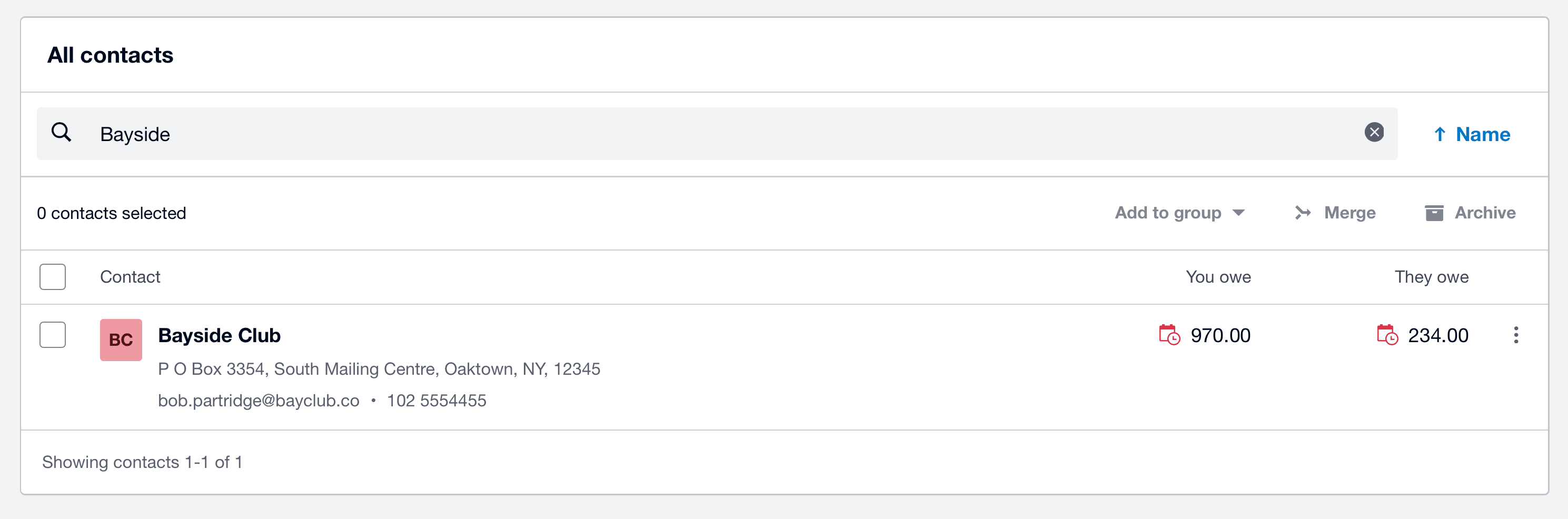 Xero contacts list showing Bayside Club as the only remaining contact after merging duplicates