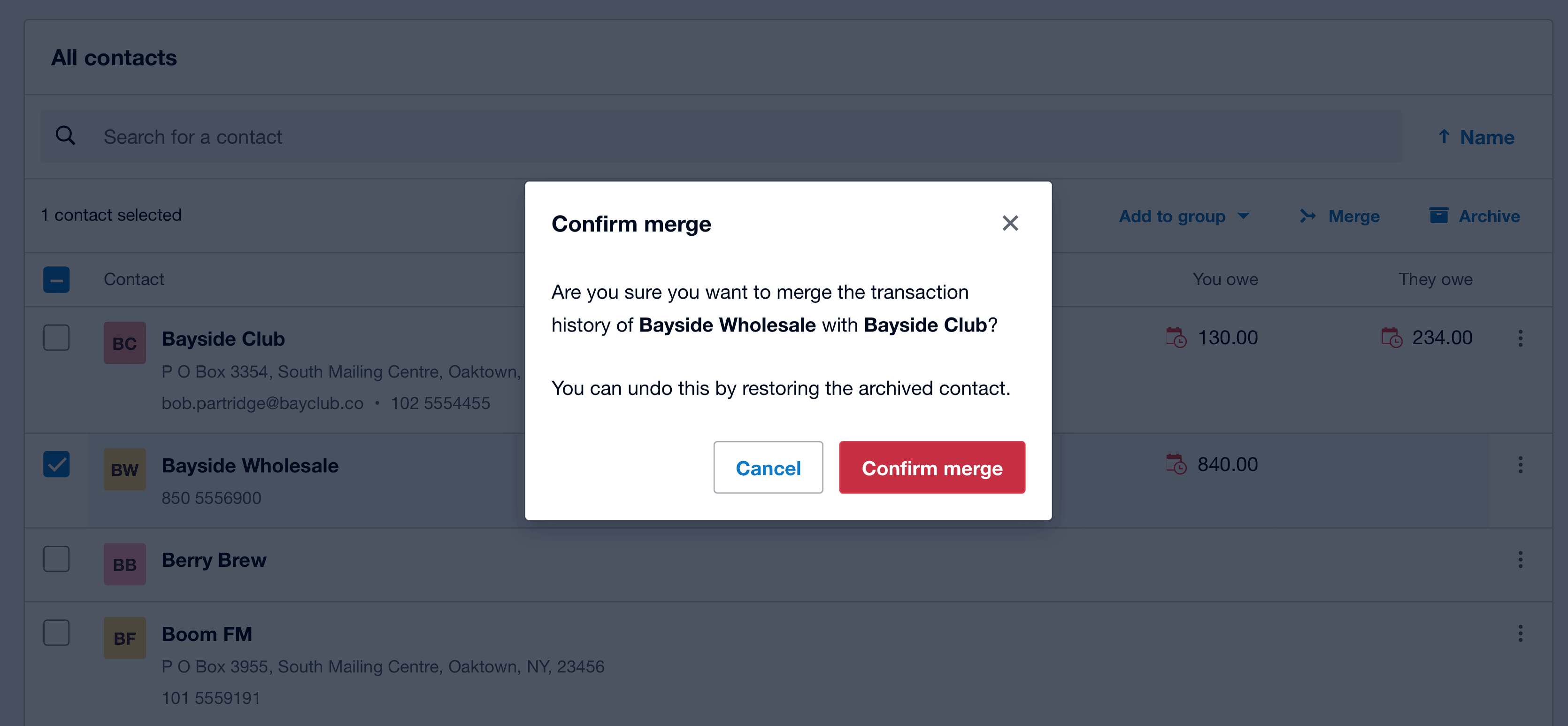 Xero confirm merge dialog showing Bayside Wholesale being merged into Bayside Club with Confirm merge button