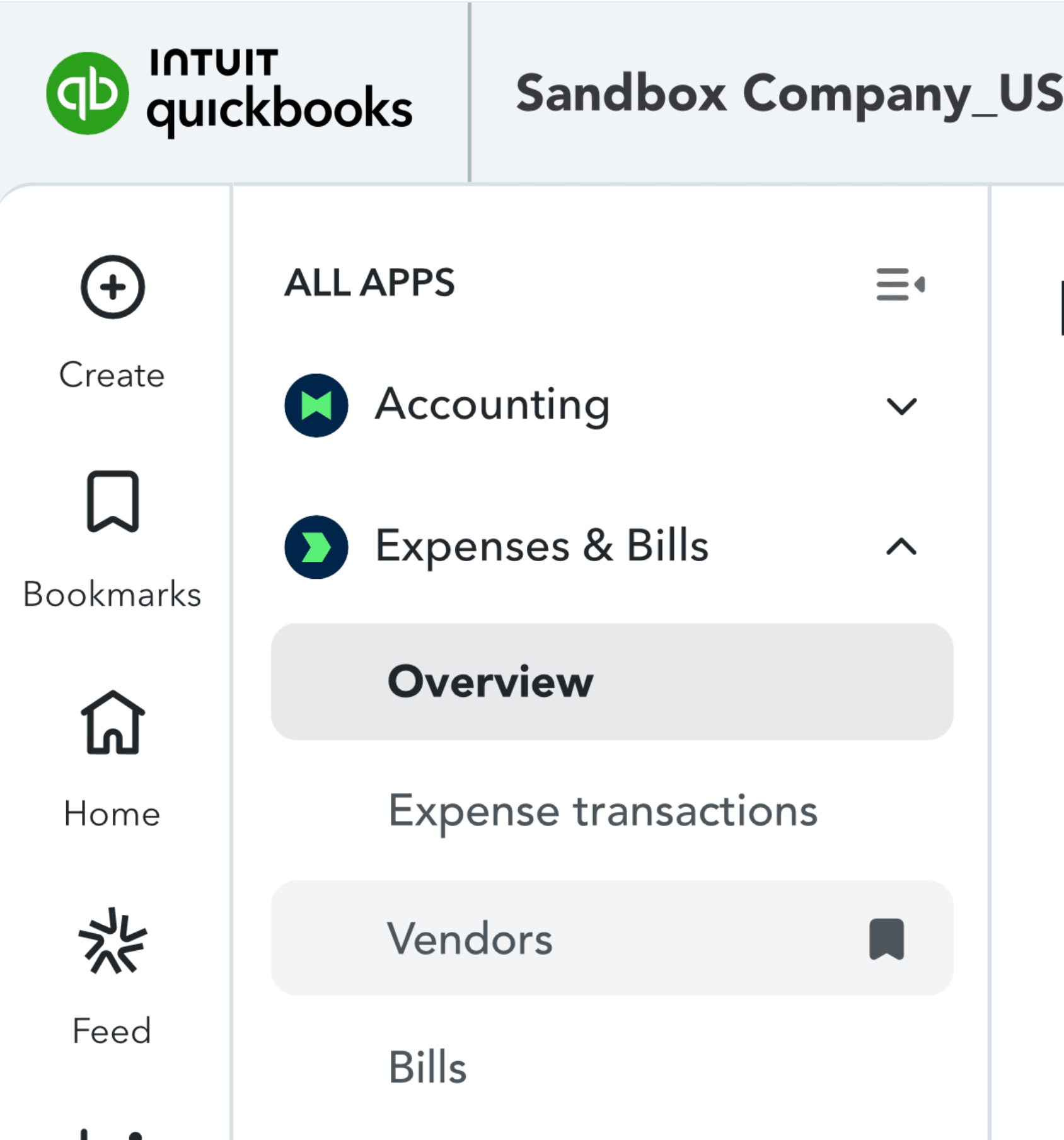 QuickBooks Online sidebar showing navigation to Expenses and Vendors page