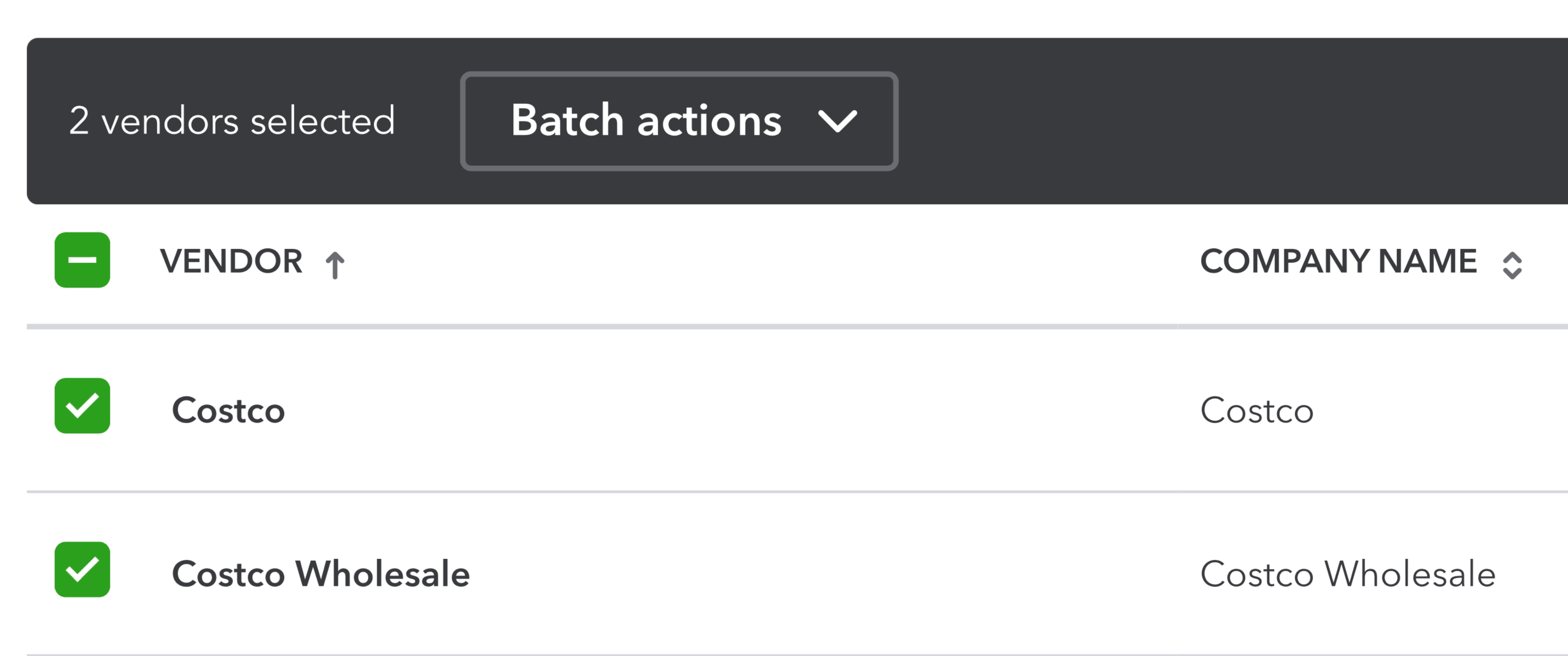 QuickBooks Online vendors list showing two duplicate vendors selected for merging