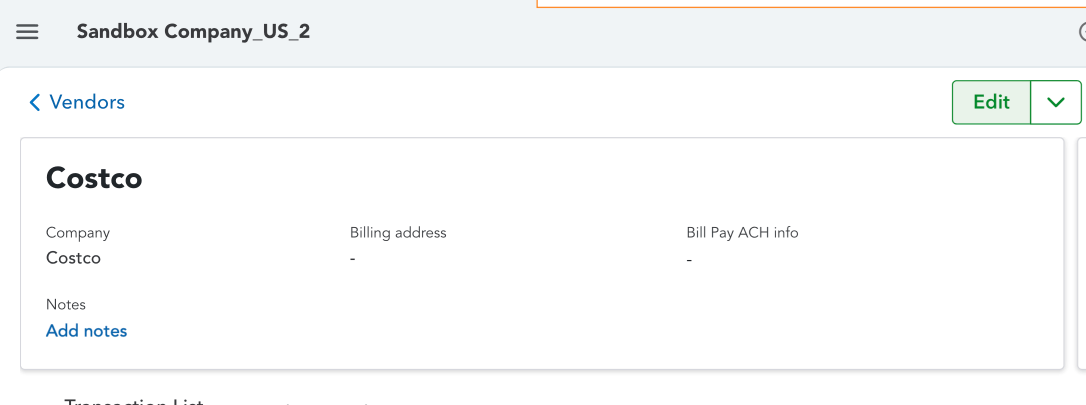 QuickBooks Online vendor details page showing Edit button for modifying vendor name