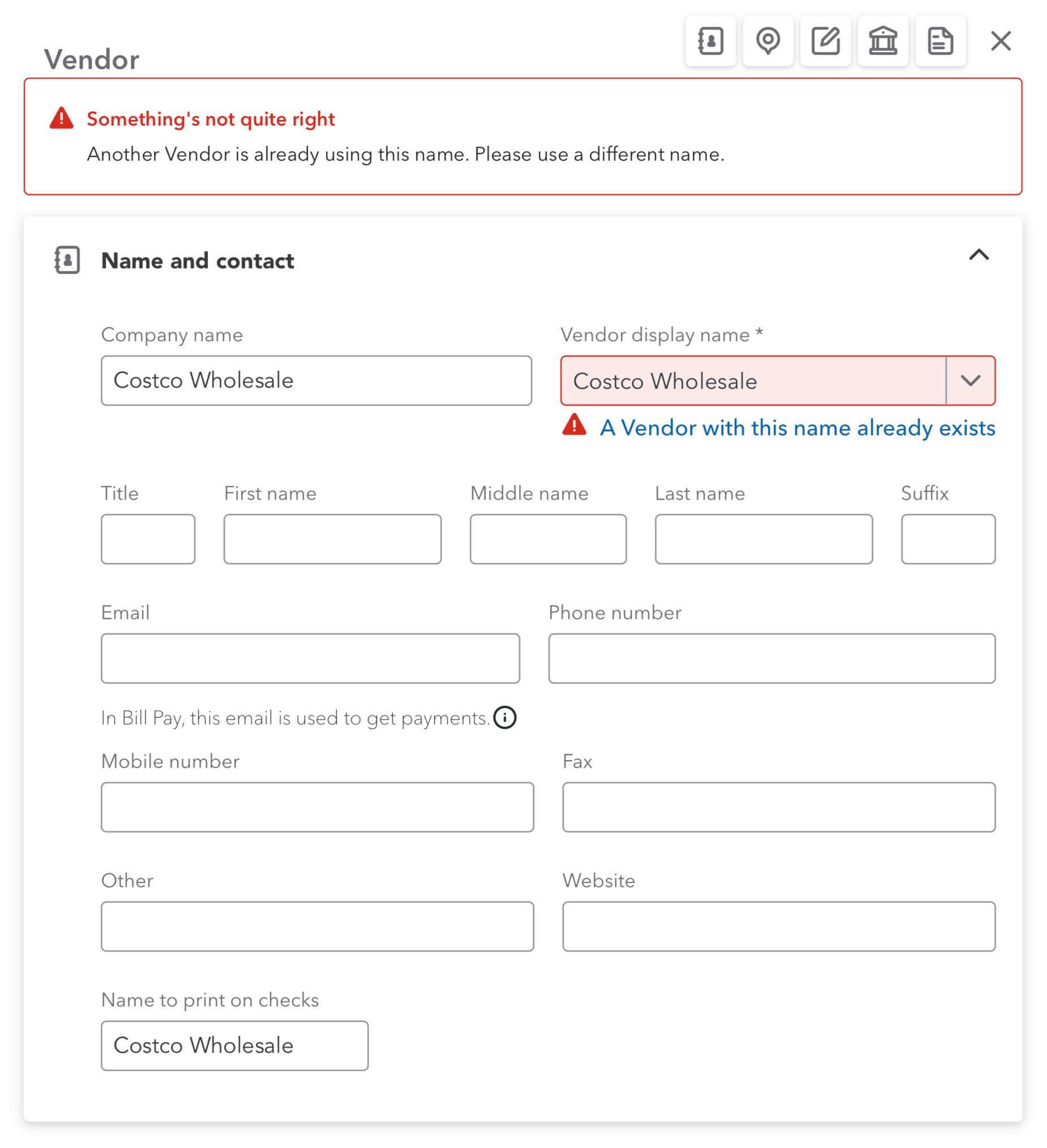 QuickBooks Online warning message showing duplicate vendor name already exists during rename process