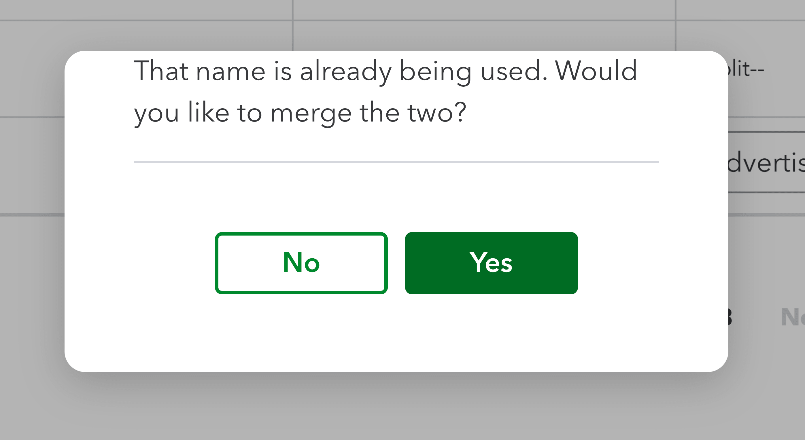 QuickBooks Online merge confirmation popup asking to merge duplicate vendors with Yes button