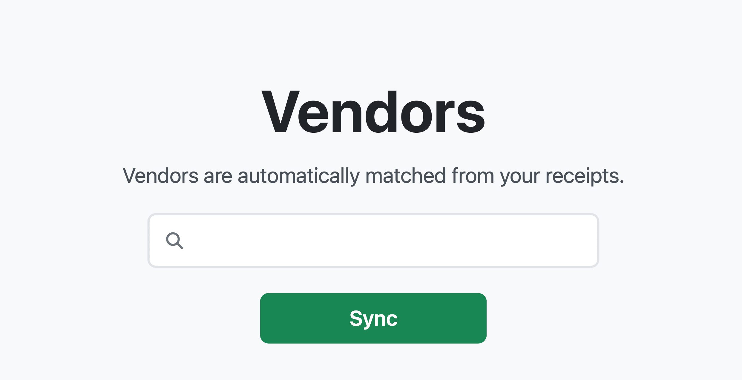 Receipt AI vendors page with Sync button to update vendor data from QuickBooks Online