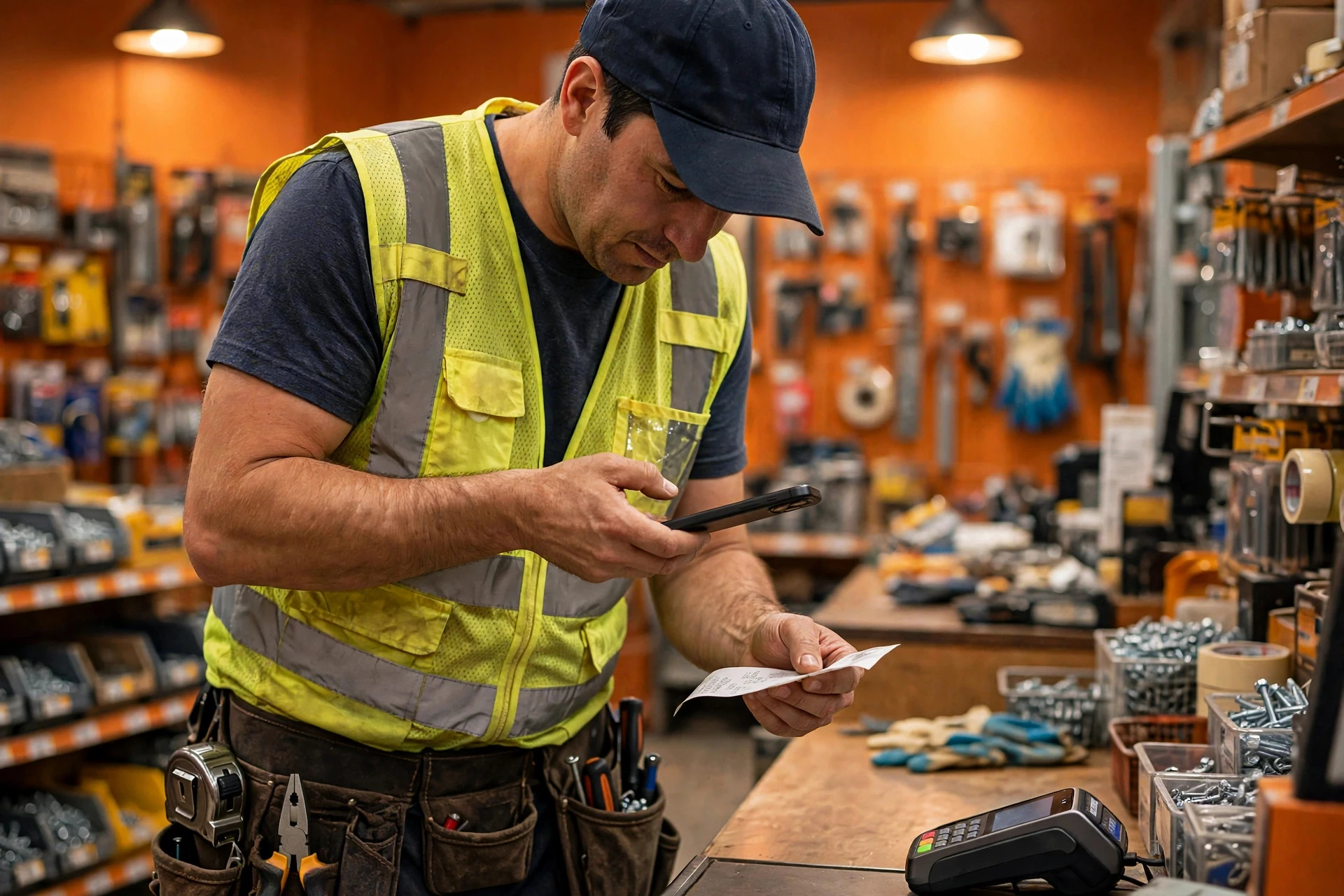 An HVAC technician photographs a paper receipt with his smartphone at a hardware store checkout counter