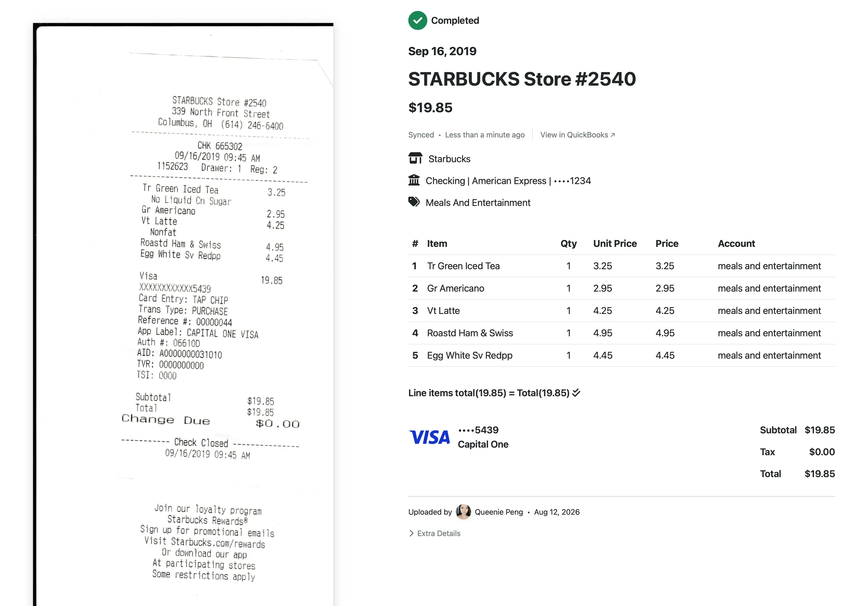 Receipt AI screenshot showing a scanned Starbucks receipt with vendor, total, line items, account mapping, payment details, and synced QuickBooks status.