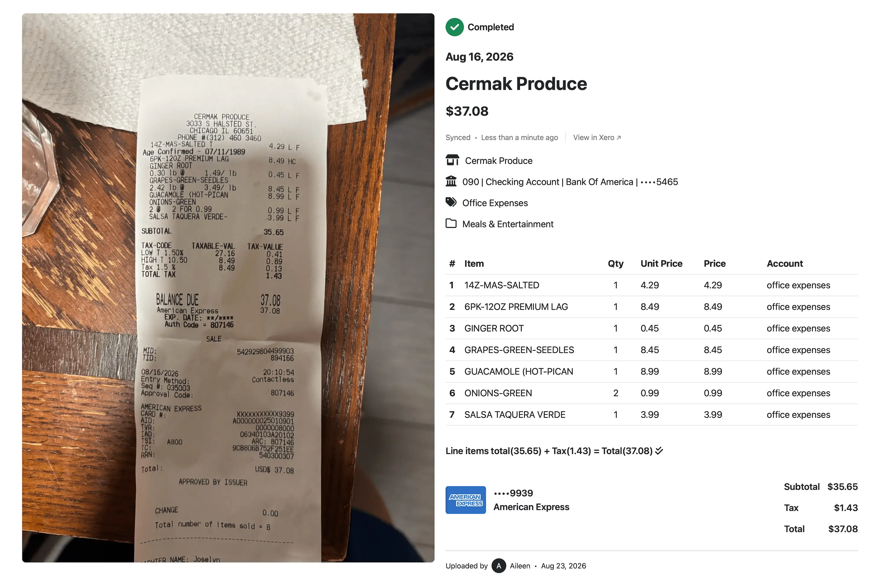 Receipt AI screenshot showing a Cermak Produce receipt synced to Xero with vendor, total, bank account, expense account, folder, line items, tax, and payment details.