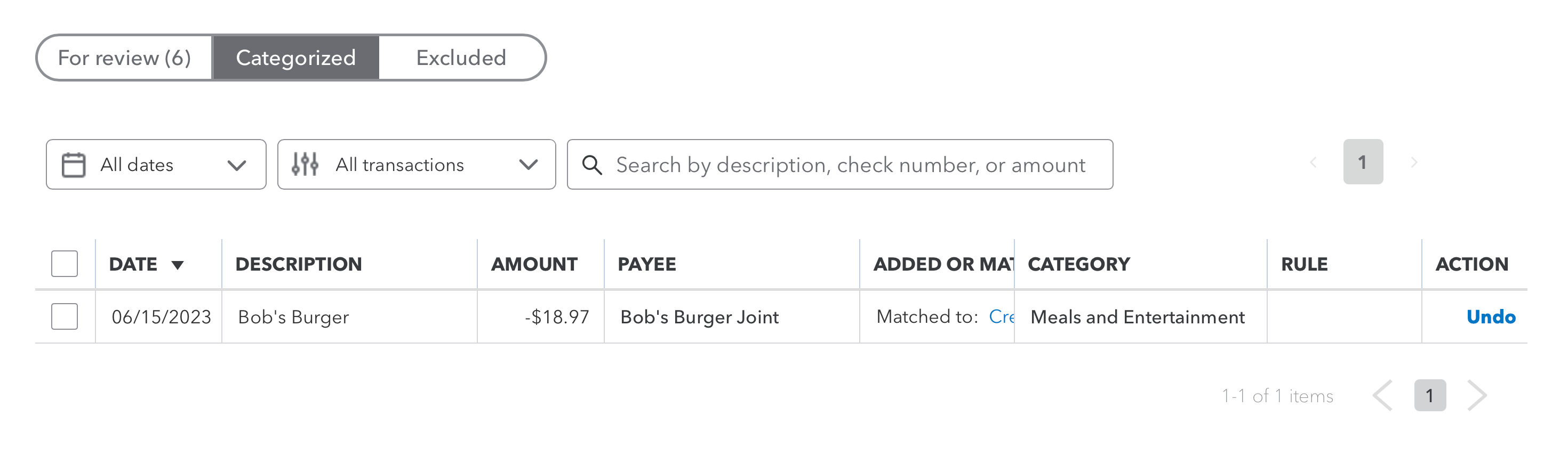 QuickBooks Online Categorized transactions table showing columns for Date, Description, Amount, Payee, Added or Matched, Category, Rule, and Action. A single entry dated 06/15/2023 for Bob's Burger Joint, amount -$18.97, categorized under Meals and Entertainment, is displayed with the Undo link highlighted in the Action column.