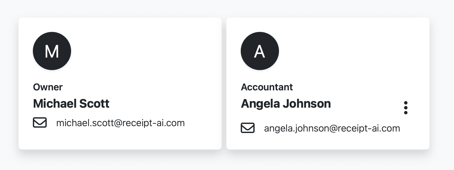 Receipt AI team management page displaying two users, Michael Scott as Owner and Angela Johnson as Accountant, demonstrating how different team roles appear in the interface.