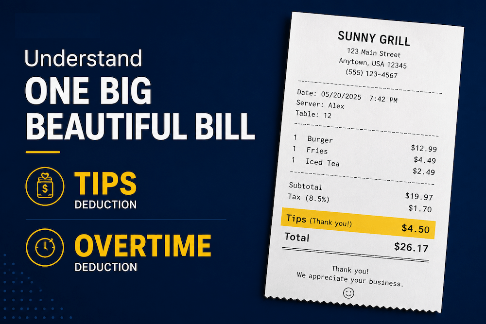 Simple vector illustration showing a receipt with tip separated, an overtime record, and a CSV export.
