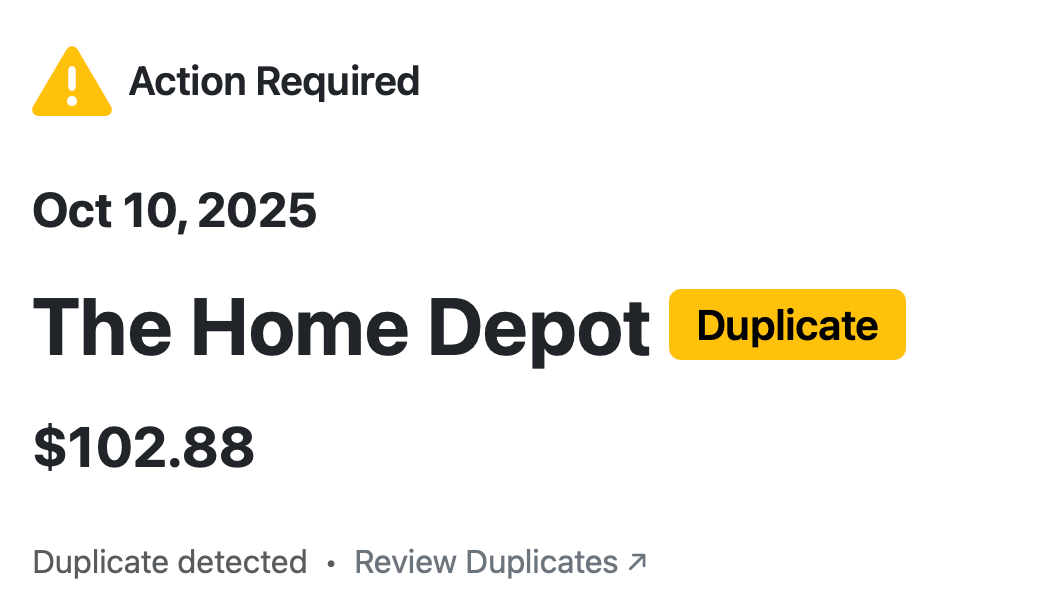 Receipt AI accounting dashboard displaying a duplicate receipt alert for The Home Depot transaction, marked as Action Required with a Duplicate tag and a link to review duplicate entries.