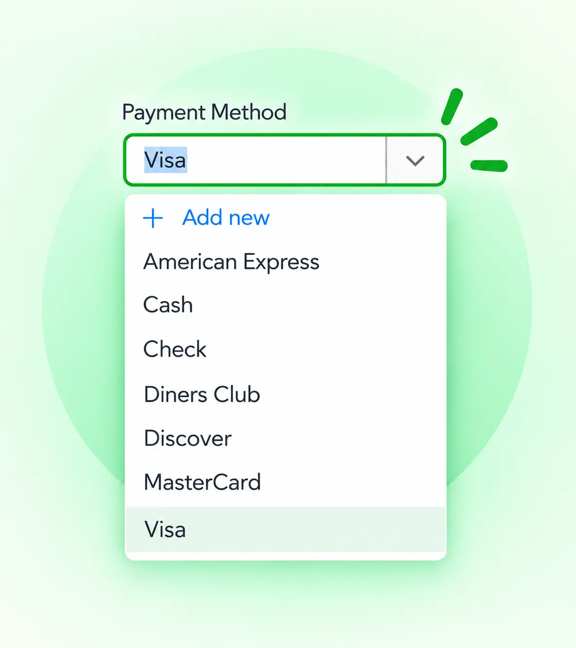 Receipt AI automatically selects Visa as the Payment Method for QuickBooks Online based on the receipt, with Visa, Cash, Check, and American Express available as options.