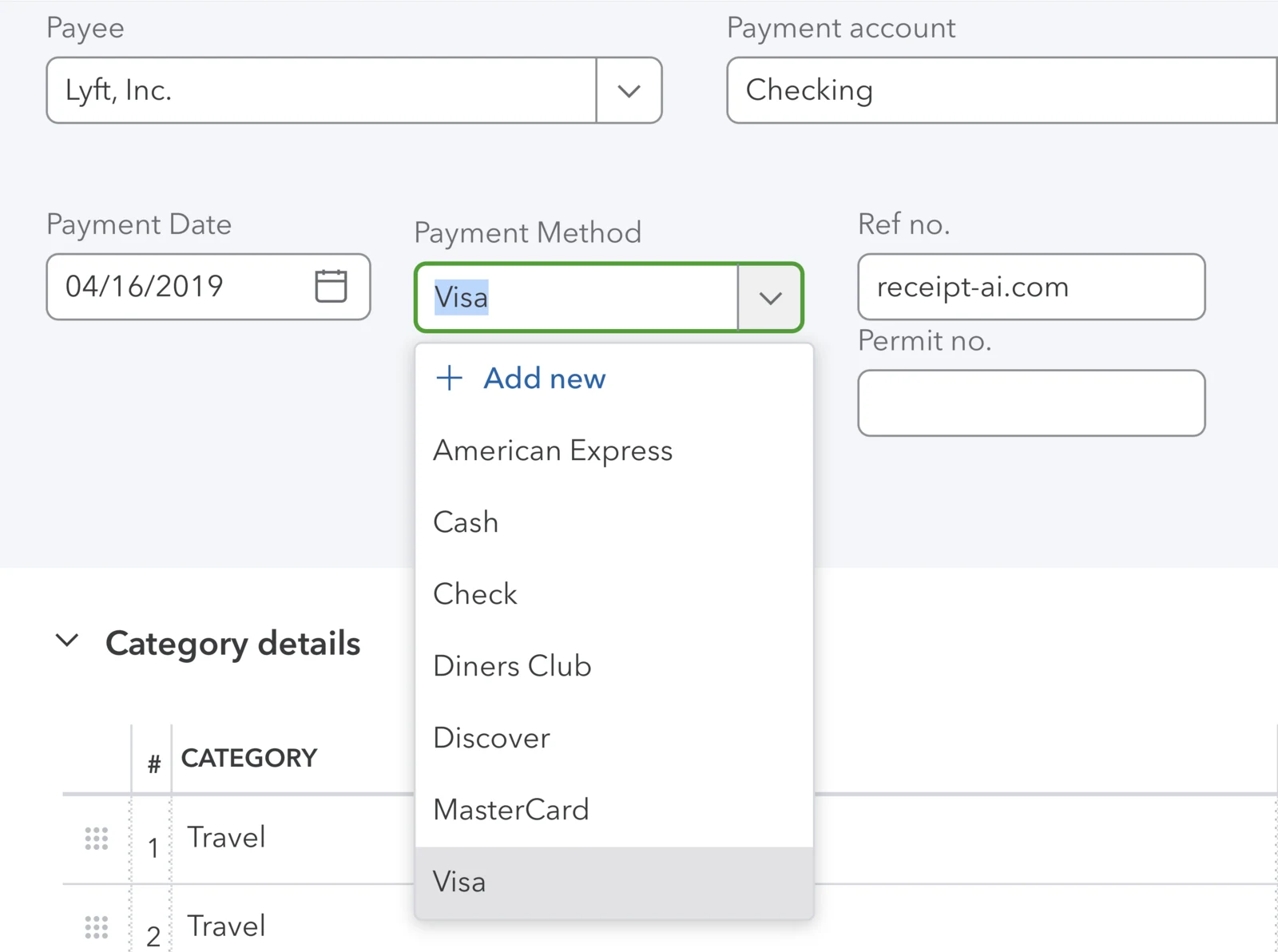 QuickBooks Online payment form showing the Payment Method field filled with Visa and a list of enabled payment methods.