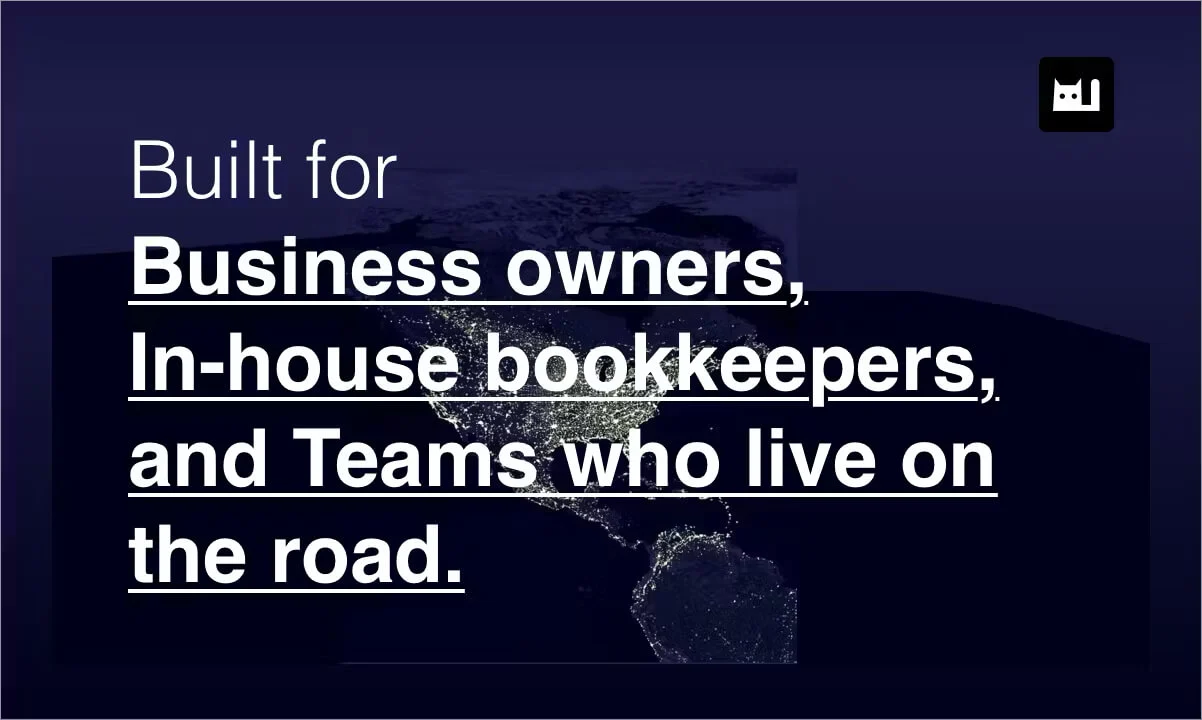 Receipt-AI banner reading 'Built for business owners, in-house bookkeepers, and teams on the road' over satellite image of North America. SMS receipt automation for QuickBooks and Xero teams in the U.S. and Canada.