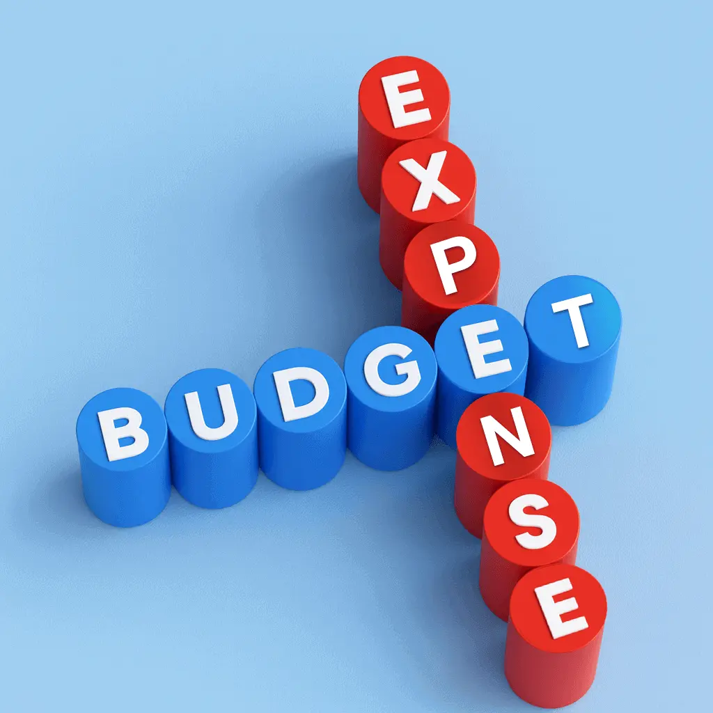 Colorful 3D blocks spelling out 'expense' and 'budget' crossing each other, showing the balance between spending and budgeting - a simple way to highlight Receipt-AI’s pricing.