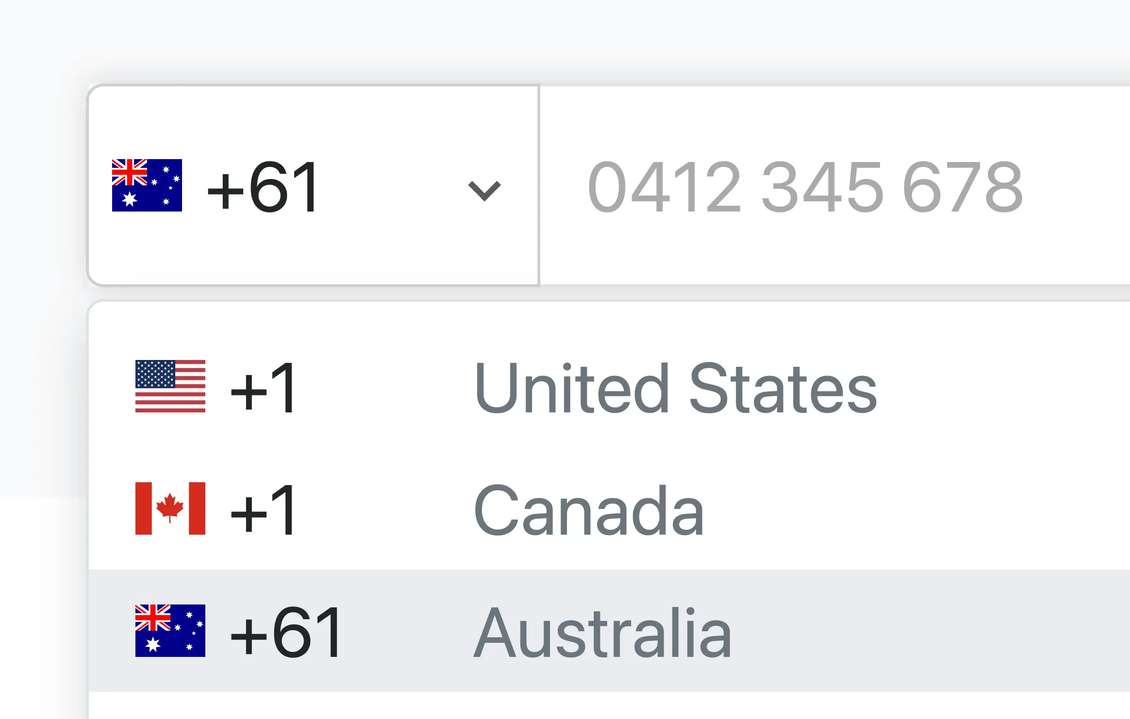 Receipt AI phone number field showing Australia selected with country code +61, alongside United States and Canada options.