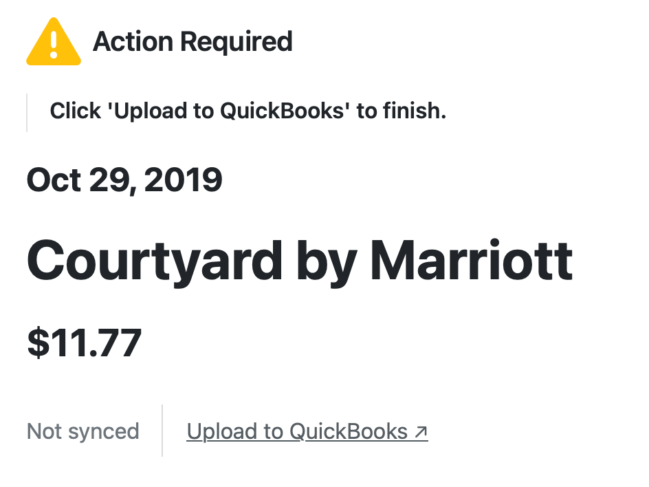 Receipt AI receipt detail showing Not synced status with an option to upload the receipt to QuickBooks or Xero.