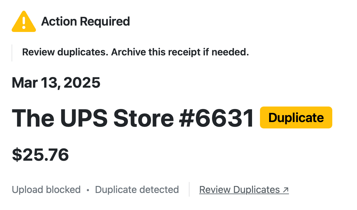 Receipt AI receipt detail showing Action Required, Duplicate badge, Upload blocked, Duplicate detected, and Review Duplicates link.