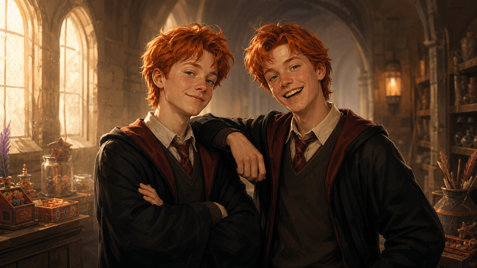 Original editorial illustration of two red-haired twin fantasy-school inventors for an article about the startup story hidden in Harry Potter.
