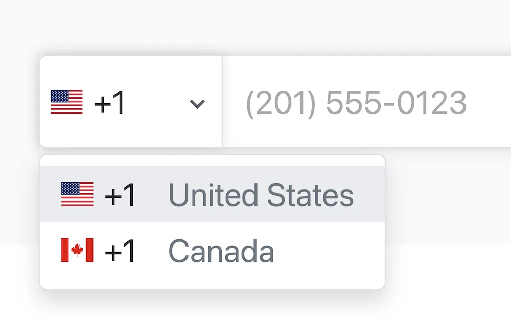 Receipt AI phone number field showing a country code selector with United States and Canada options, so users no longer need to type +1 manually.