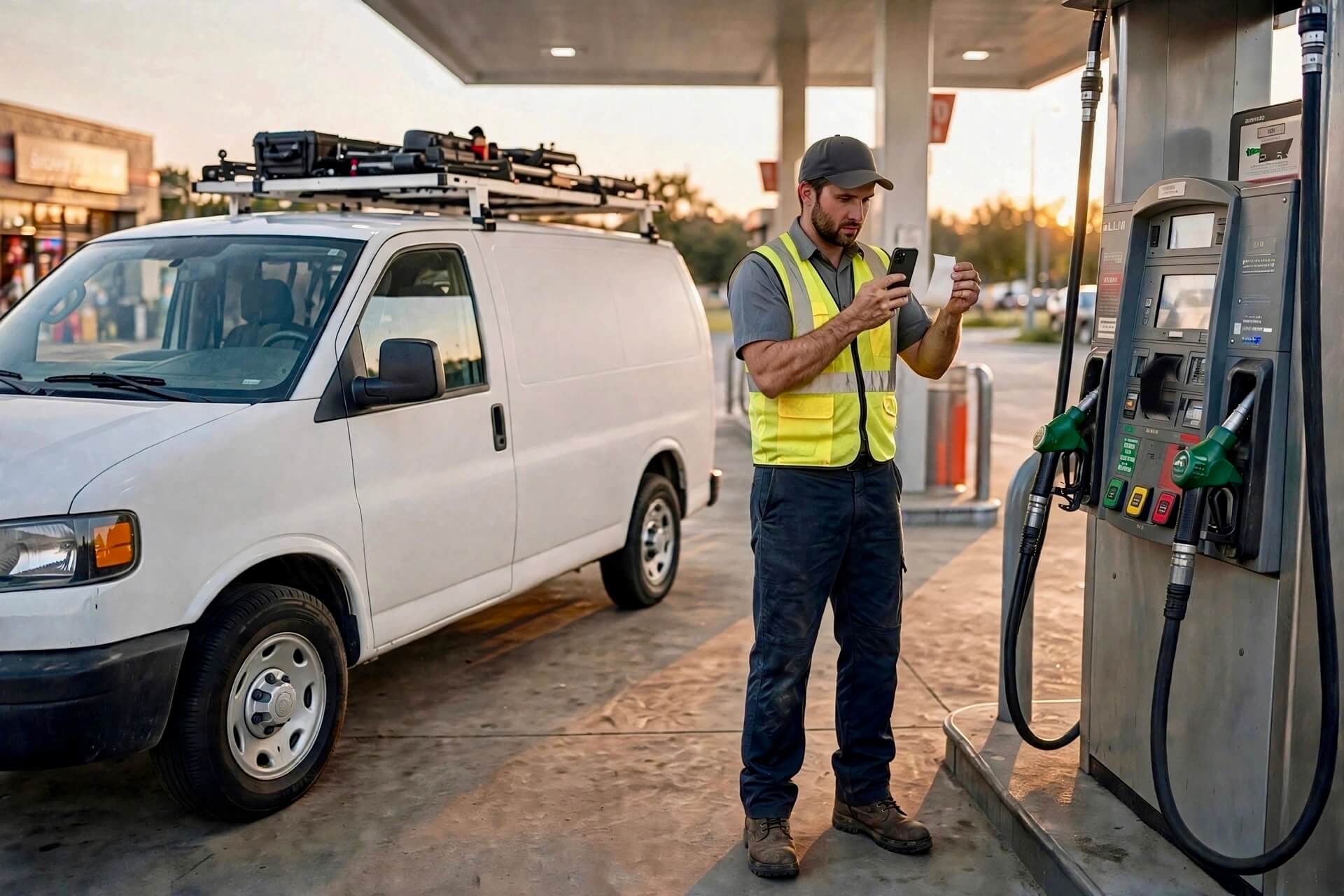 A contractor in a high-visibility vest photographs a fuel receipt at a gas pump beside his white work van