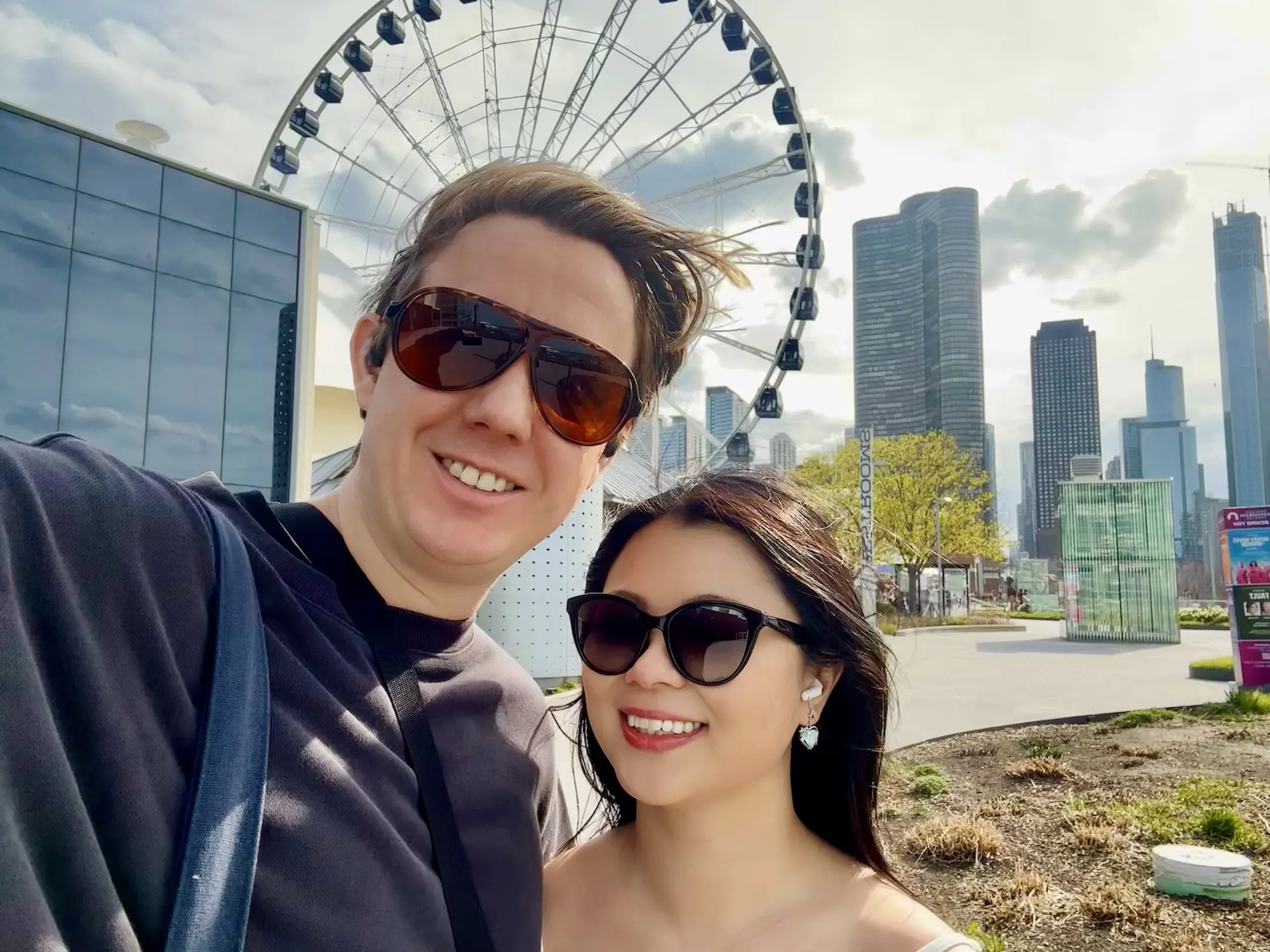 Ian Heraty and Queenie Peng at Navy Pier with the Chicago skyline share a founder story about clarity and trust.