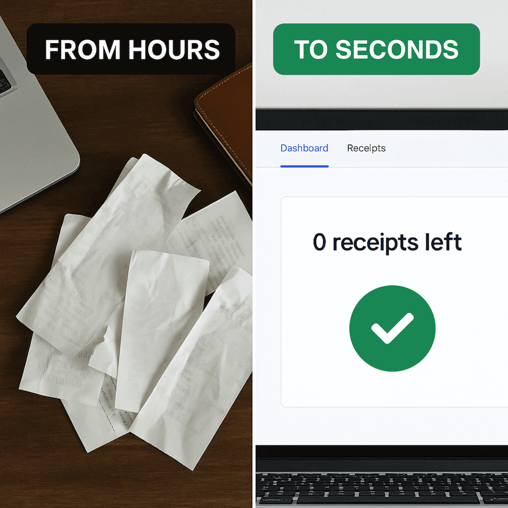 The image is from "Receipt-AI", which allows users to manage receipts using AI and SMS. The background is black, creating a sharp contrast for the white and green elements. On the left side, large, bold white text reads "Manage Receipts with AI and SMS." Below this, in a handwritten-style white font, it says "Take a picture and Text," with an arrow pointing to an illustration of a receipt. The receipt illustration is simple, with a heading labeled "RECEIPT," and line items and prices listed below, such as "Pizza - $5.00," "Fettuccine alfredo - $20.00," and a total price at the bottom, all inside a green circular background. On the right side of the image, there is a smartphone displaying a text conversation. The screen shows a photo of a physical receipt from "Punky's" restaurant. The text conversation includes a message saying "Dinner with clients," followed by an automated response saying, "Thank you for the receipt." Overall, the image effectively communicates the concept of using Receipt-AI and SMS to simplify receipt management by capturing and processing receipts via text messages. The inclusion of "Receipt-AI" branding reinforces the service's identity.