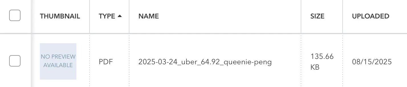 QuickBooks Online screenshot showing a receipt uploaded via Receipt-AI stored only as an attachment. The file 2025-03-24_uber_64.92_queenie-peng.pdf appears in the attachments section without an expense entry. This demonstrates the Attachment Only mode, where businesses store receipts for compliance and audits without creating linked expenses.