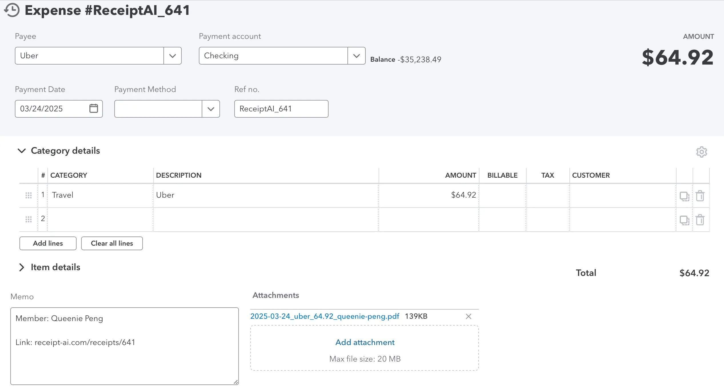 QuickBooks Online screenshot of an expense transaction automatically created from Receipt-AI. Example shows Payee: Uber, Amount: $64.92, Category: Travel, with the uploaded receipt PDF attached. The memo field contains extra context such as employee name Queenie Peng and a Receipt-AI link. This illustrates the Receipt Linked to an Expense mode where receipts and expenses are seamlessly tied together.