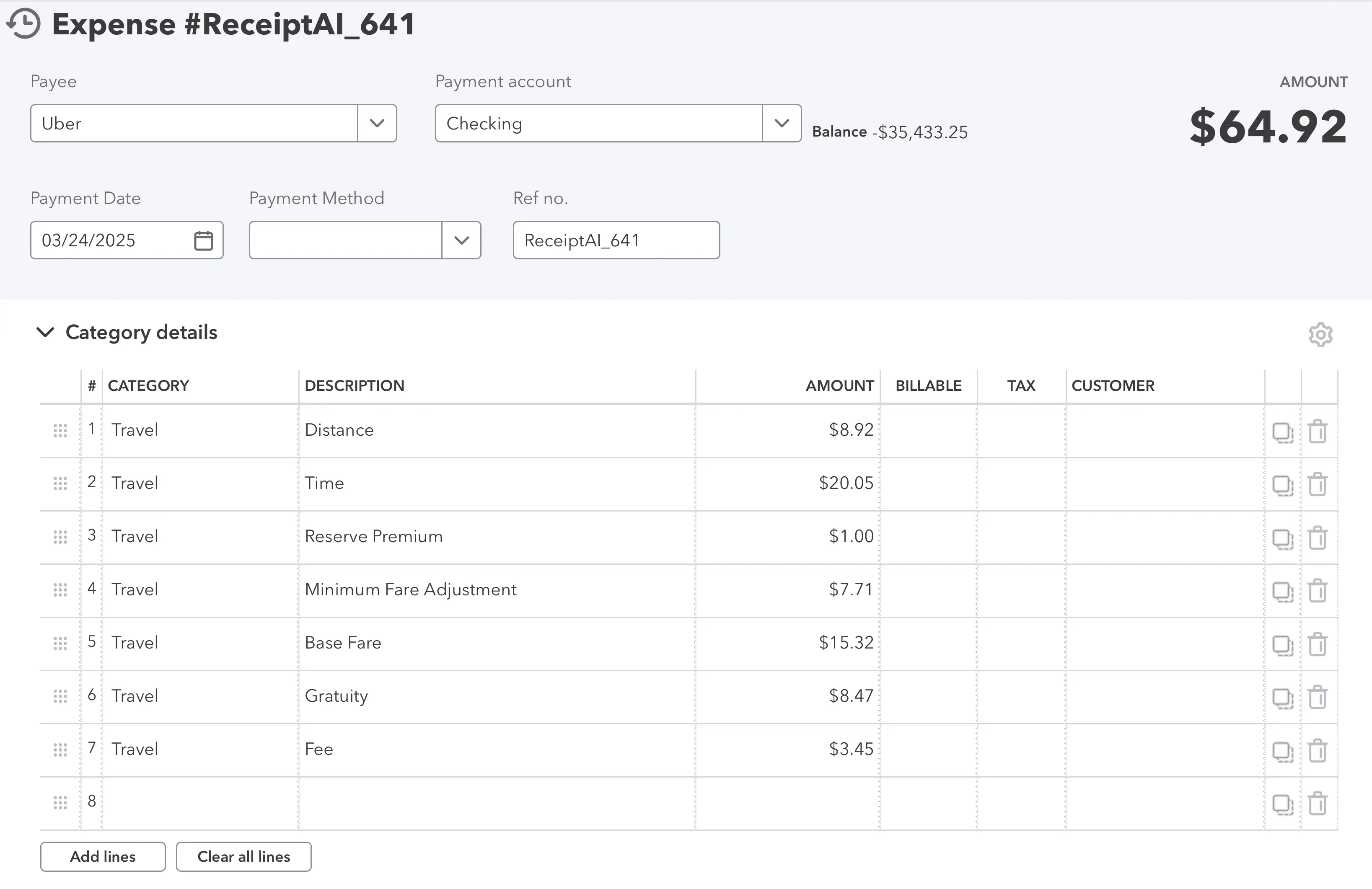 QuickBooks Online screenshot of an itemized Uber expense created by Receipt-AI with Line Item Sync enabled. The expense entry splits $64.92 into multiple categories: Distance $8.92, Time $20.05, Reserve Premium $1.00, Base Fare $15.32, Gratuity $8.47, and Fee $3.45. The receipt PDF is still attached. This demonstrates the Line Item Details mode, providing granular expense tracking and AI-powered categorization into chart of accounts.